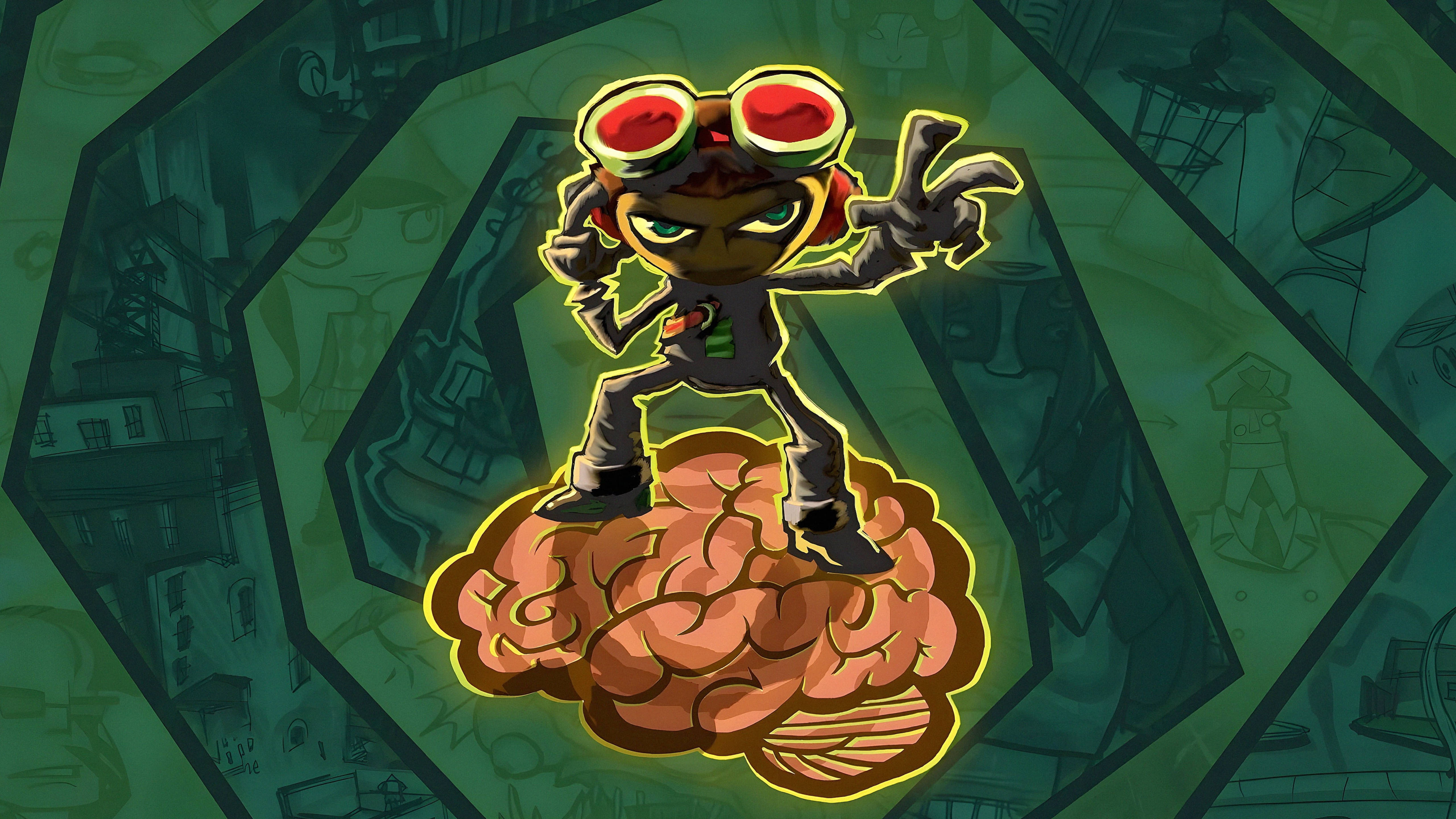 Psychonauts 2 Raz 封面 壁紙 — 一個戴著紅色護目鏡的卡通角色，在綠色城市素描背景下，勝利地站在一個發光的大腦上。
