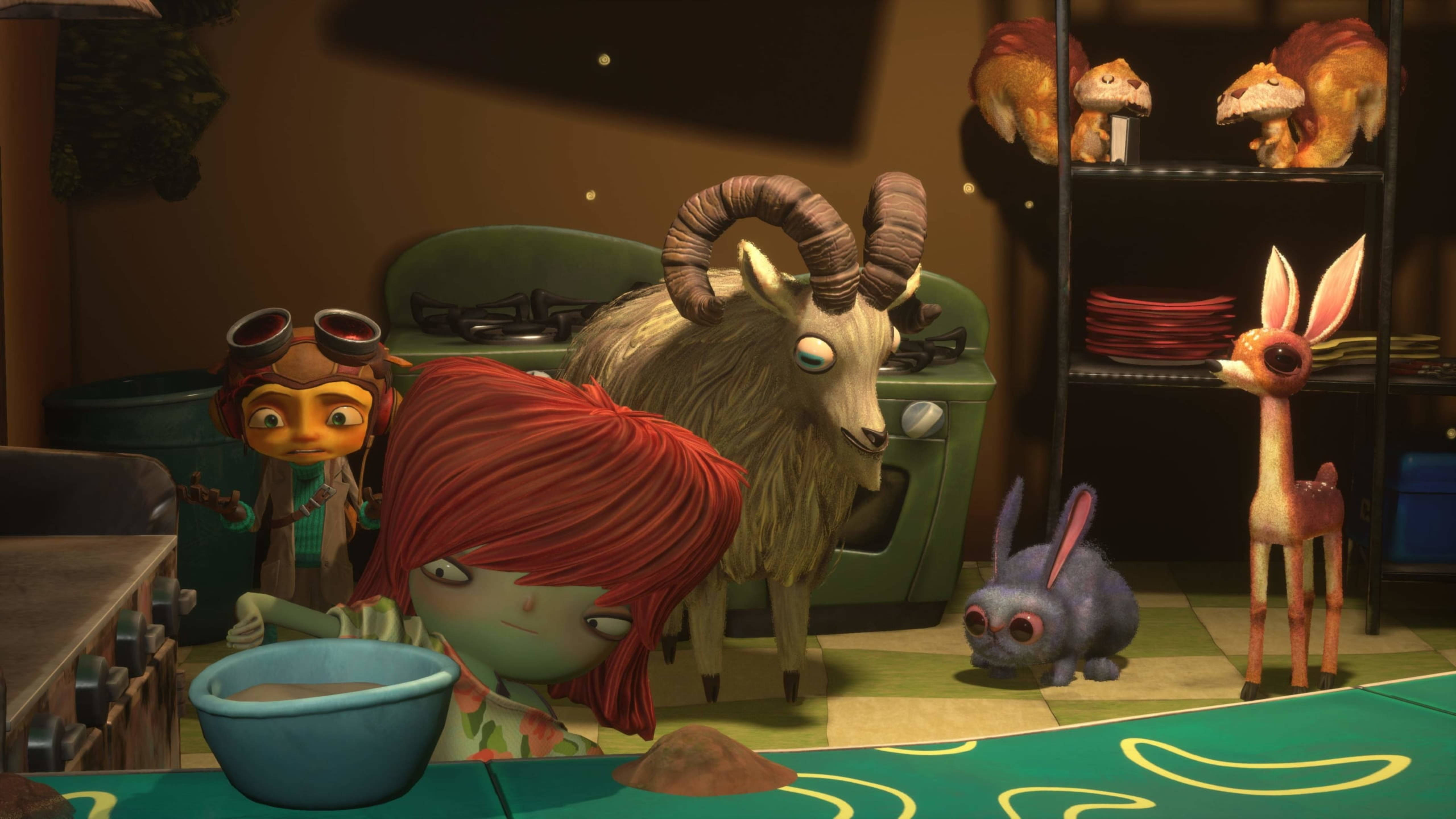 Psychonauts 2 Sam 做鬆餅 壁紙 — 一個異想天開的動畫廚房場景，有一個紅髮女孩、一隻山羊和各種古怪的動物角色圍繞著一個碗。