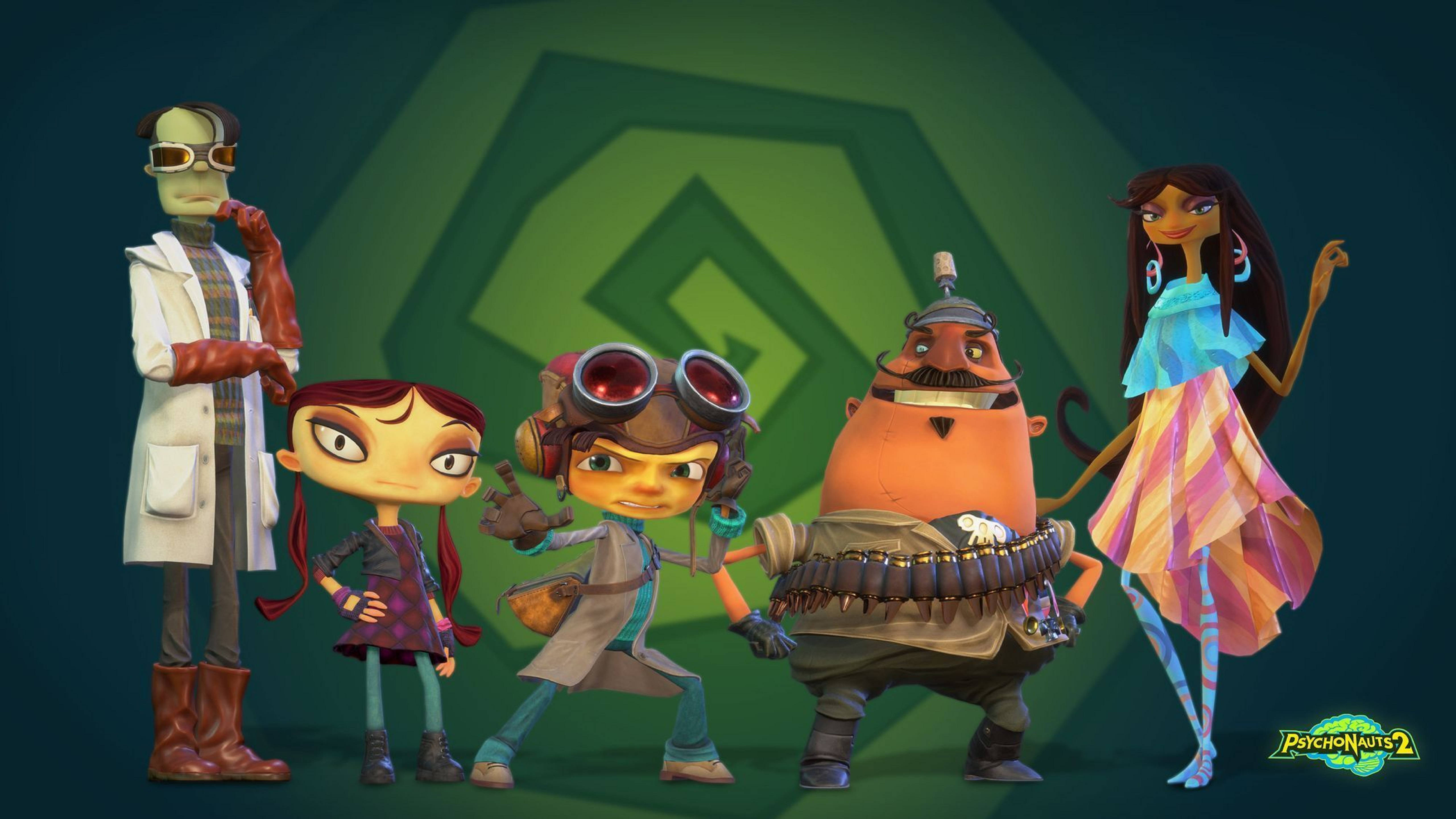 《Psychonauts 2》主要角色藝術圖 壁紙 — 五個古怪的動畫角色穿著蒸氣龐克裝備，自信地站在綠色幾何背景前。