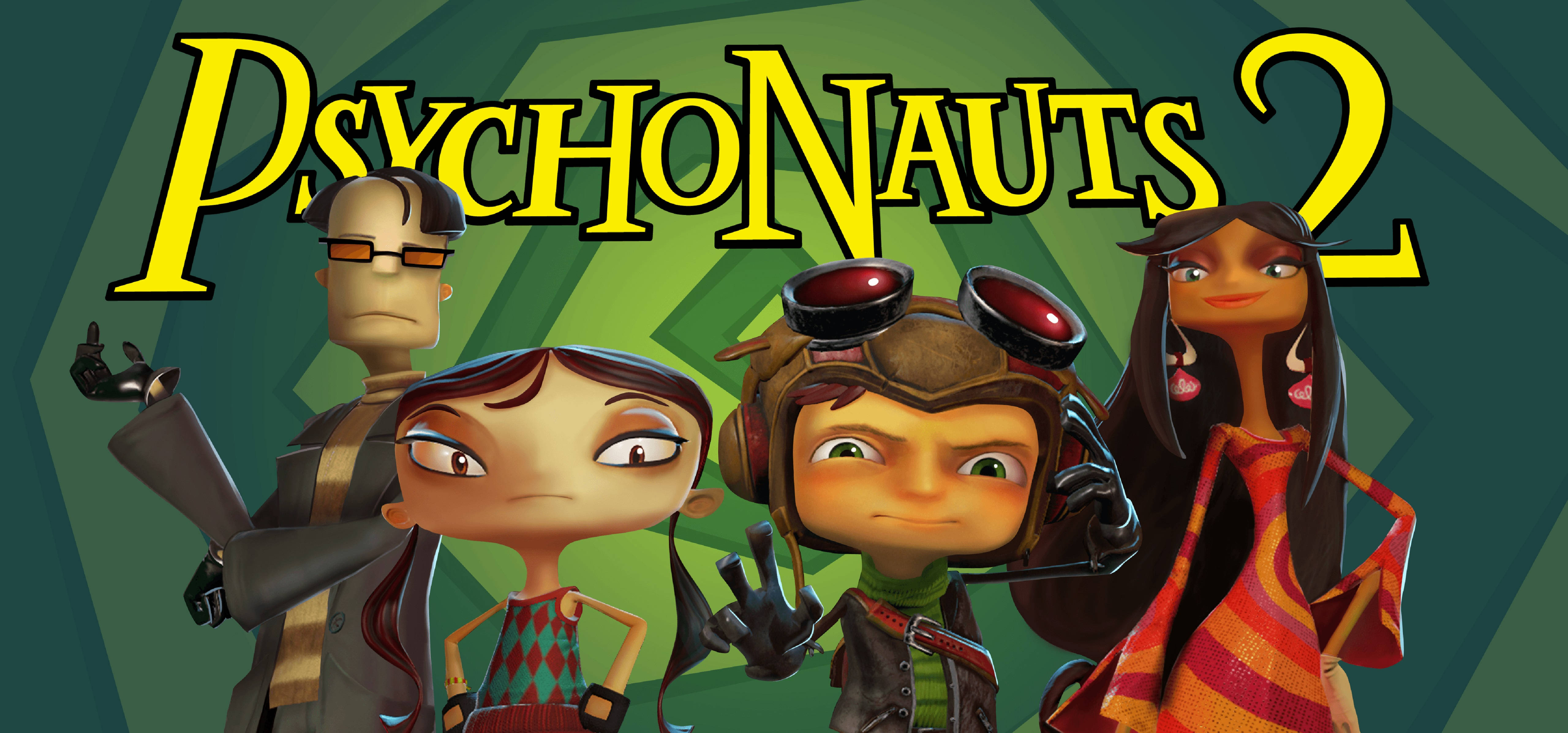 Psychonauts 2 宣傳藝術 壁紙 — 四個風格化的卡通角色在綠色幾何背景上，自信地擺出姿勢，下方是醒目的黃色 Psychonauts 2 標題。