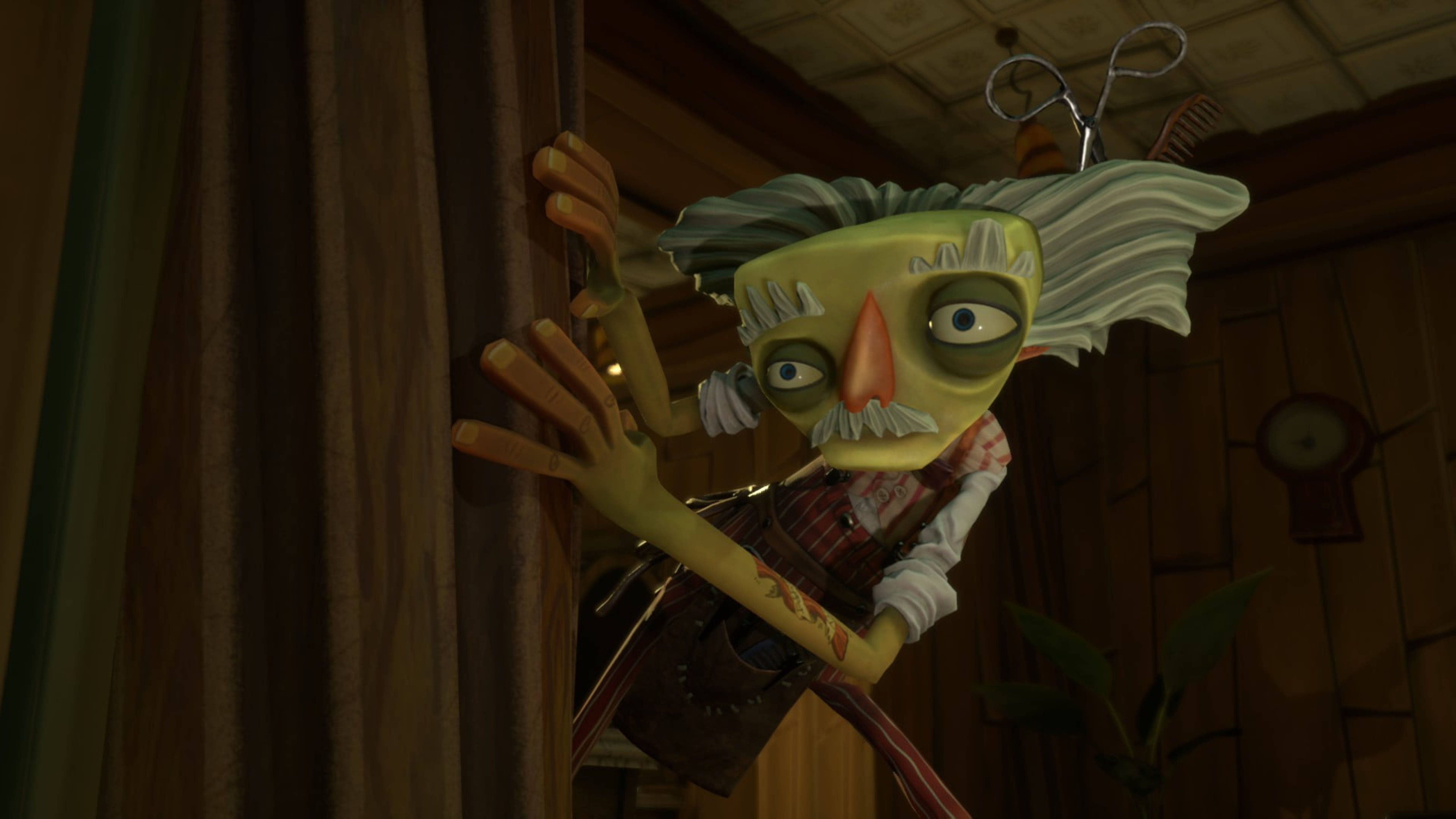 《Psychonauts 2》巴伯·福特 壁紙 — 一個古怪的動畫角色，綠色皮膚，頭髮凌亂，在木屋的窗簾後緊張地偷看。