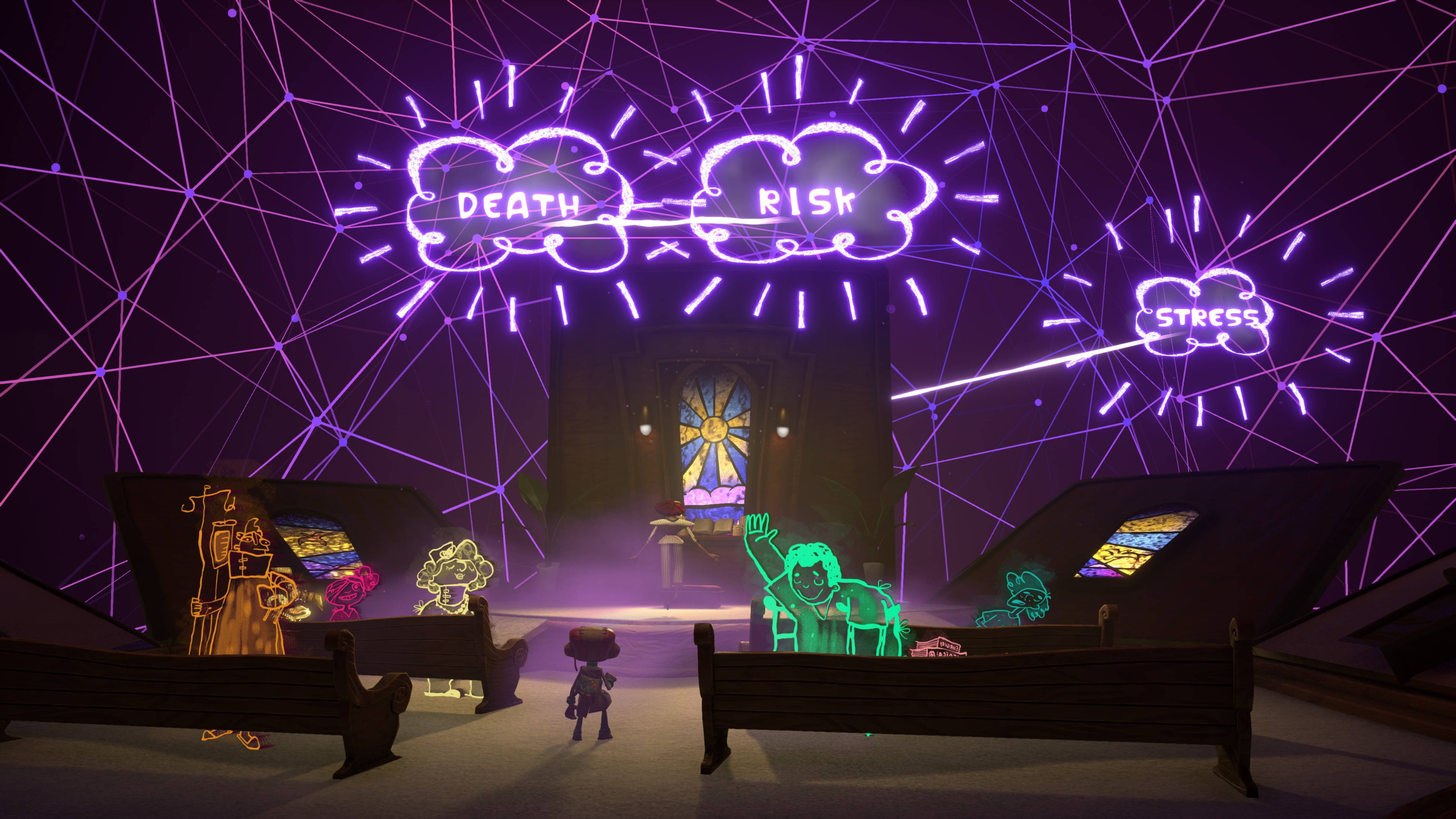 Psychonauts 2 心靈連結 壁紙 — 一個小人影站在黑暗的教堂中，彩繪玻璃窗上方有發光的霓虹燈牌寫著death risk stress。