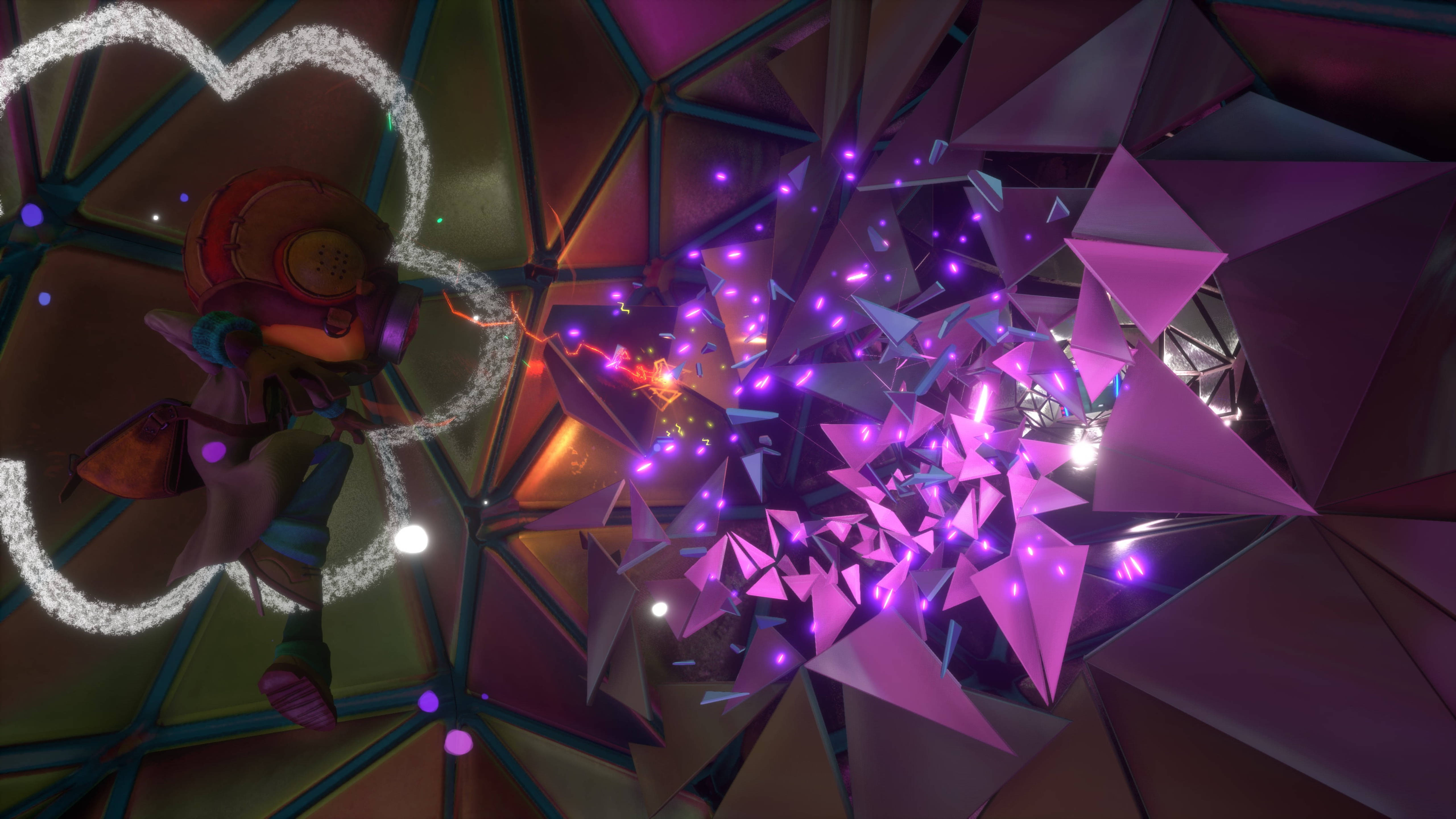 Psychonauts 2 擊鉤點 壁紙 — 一個風格化的角色在圓頂結構中與發光的紫色幾何碎片和漂浮粒子互動。