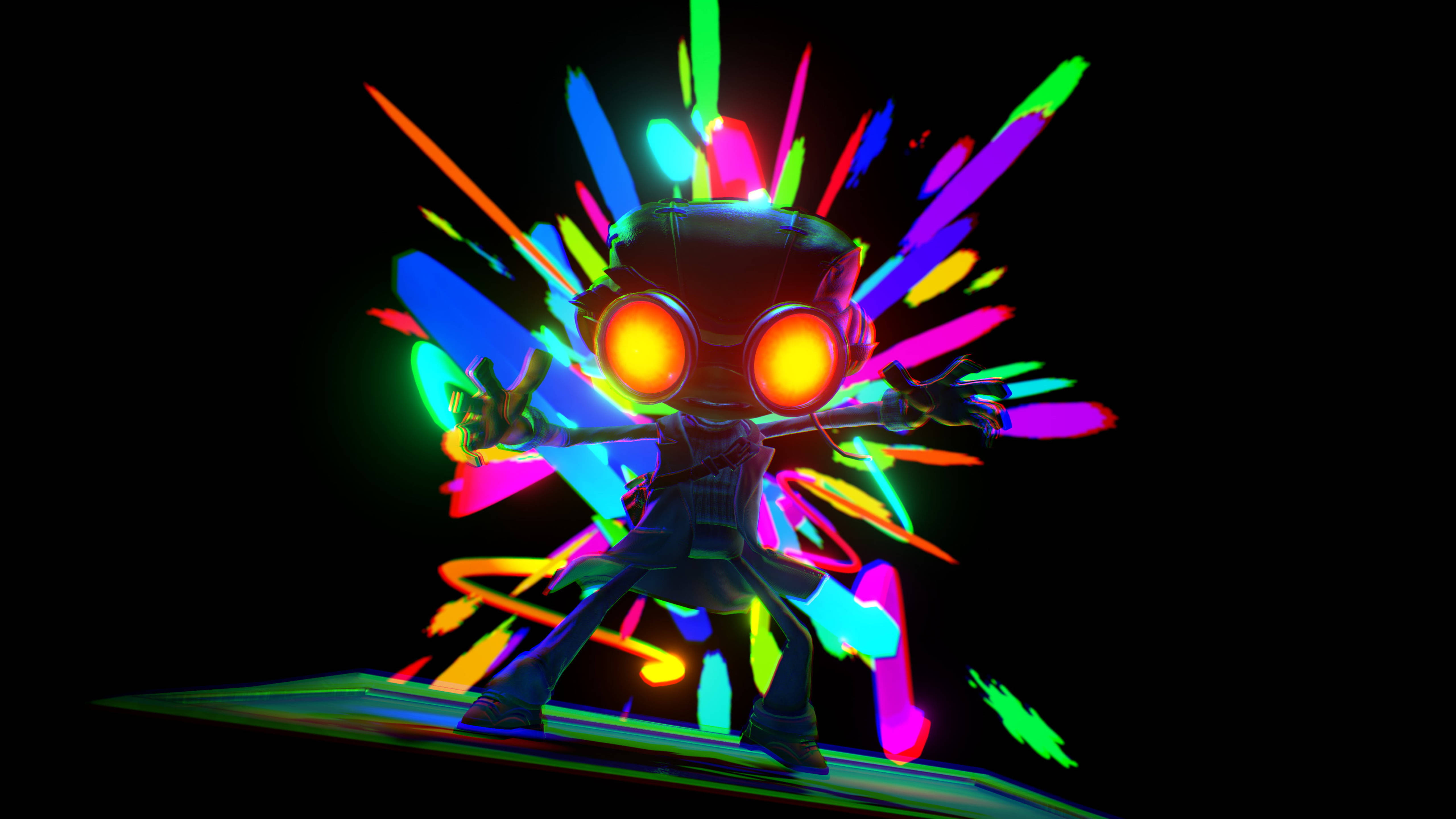 Psychonauts 2 時間泡泡 壁紙 — 一個風格化的機械人，帶有發光的橙色眼睛，在黑色背景上爆發出充滿活力的霓虹顏料飛濺。