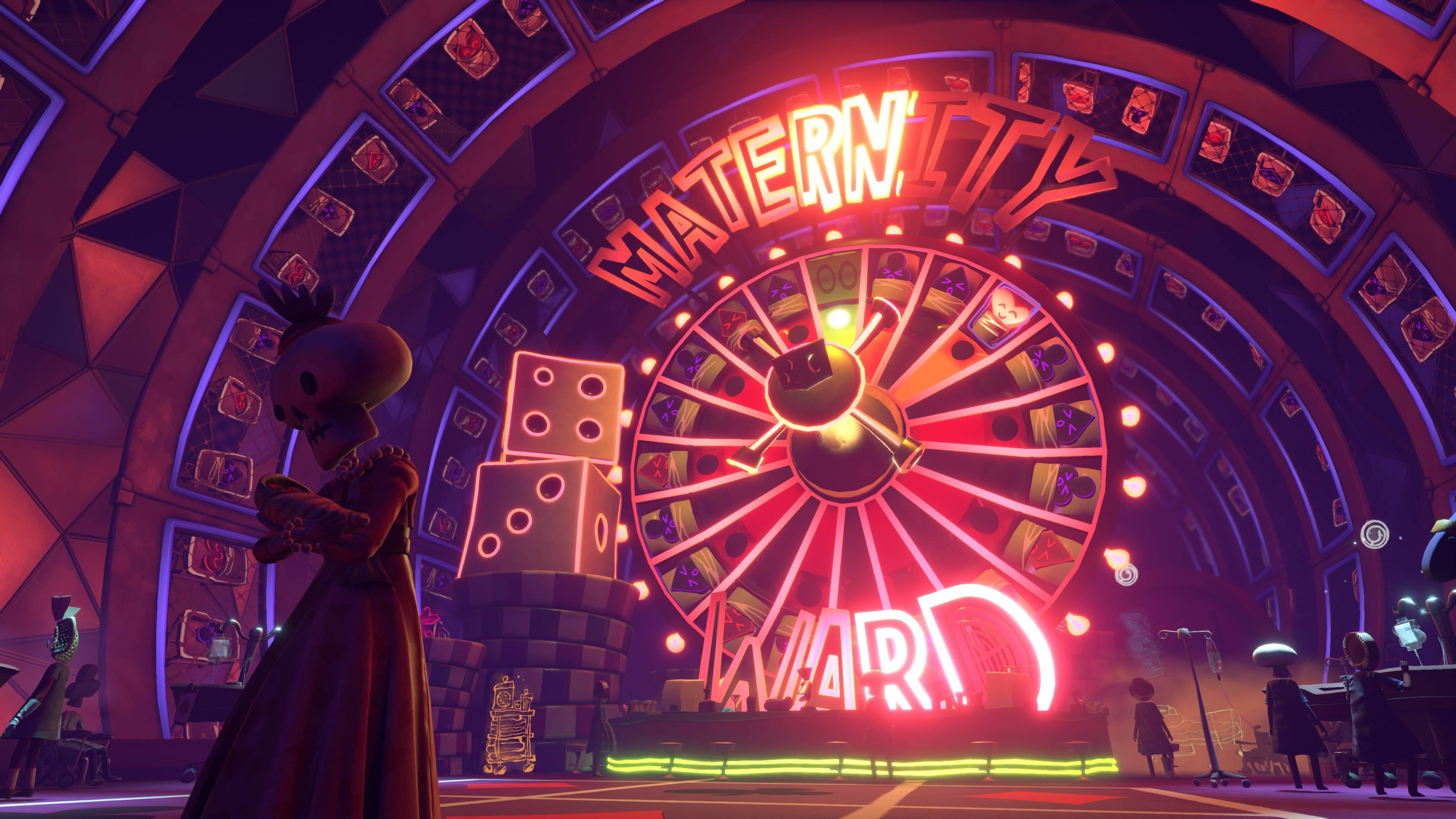 Psychonauts 2 產房 壁紙 — 一個超現實的霓虹燈賭場舞台，有一個巨大的發光輪盤和一個骷髏人物在「MATERNITY」標誌下抱著一個嬰兒。