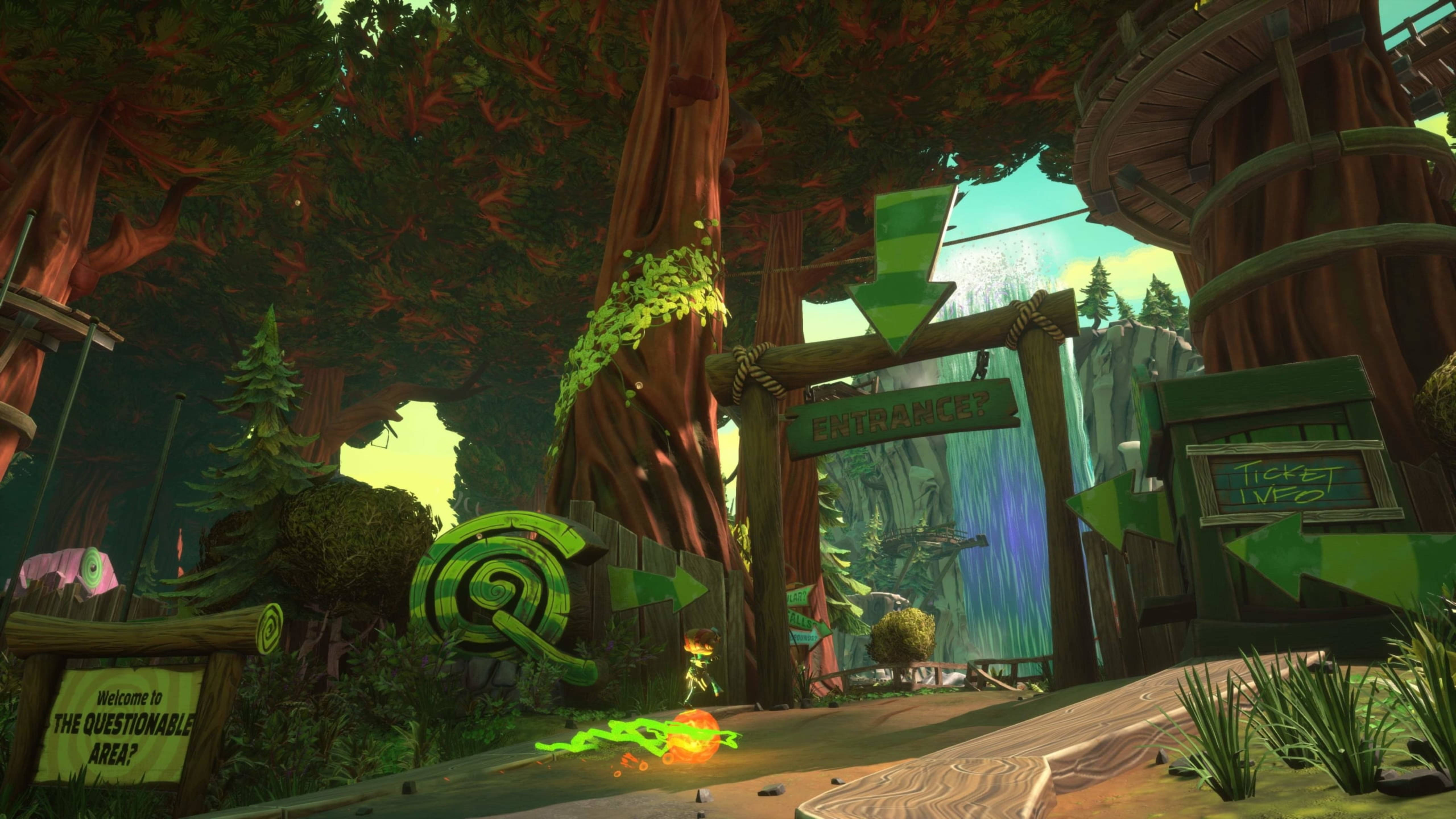 Psychonauts 2 疑問區域 壁紙 — 一個異想天開的卡通森林入口，有巨大的樹木、發光的綠色標誌和一個神秘的傳送門。