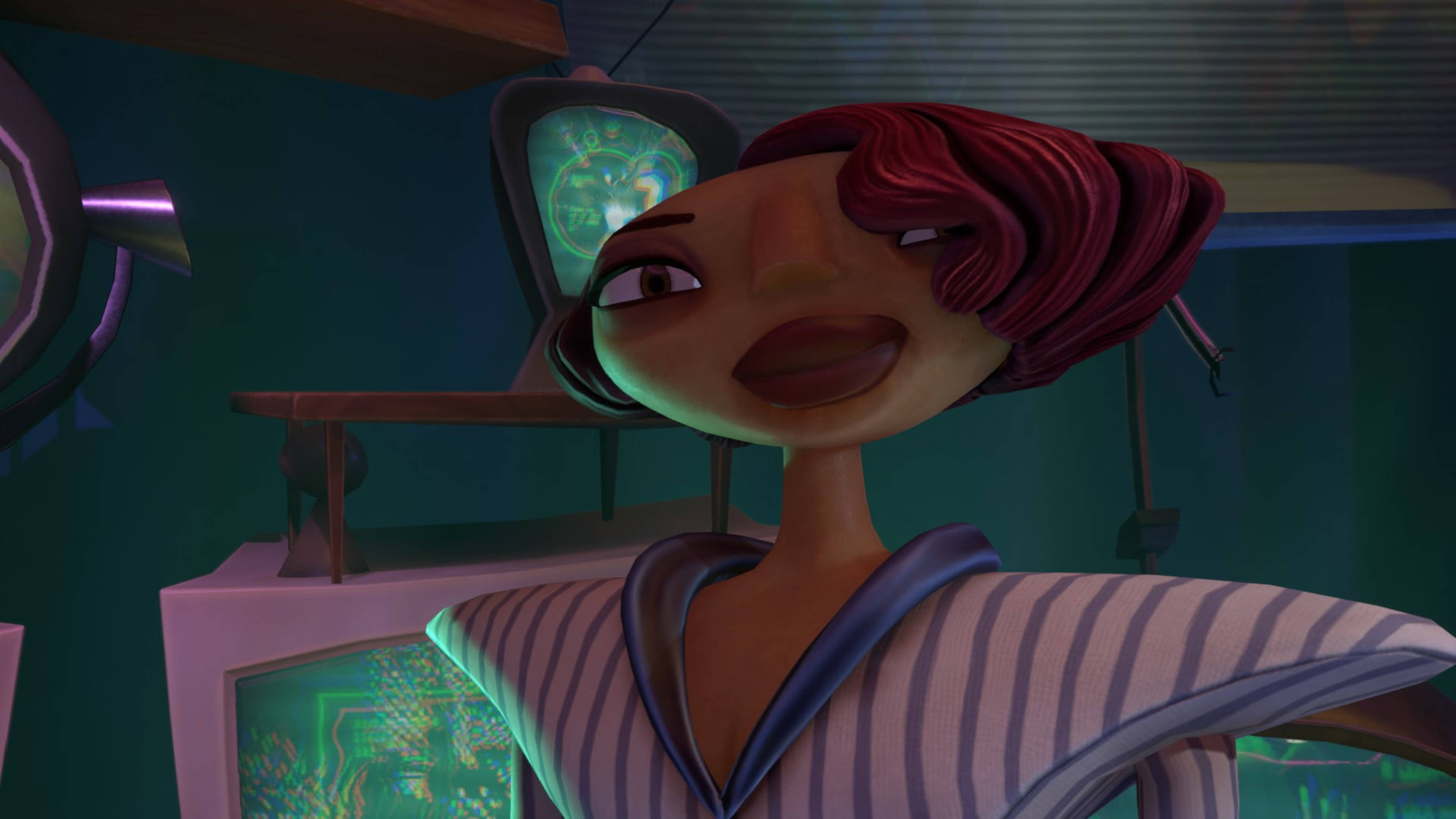 Psychonauts 2 霍利斯·福西斯 壁紙 — 一位風格化的動畫紅髮女性在一個光線昏暗、充滿發光科技屏幕的房間裡微笑。