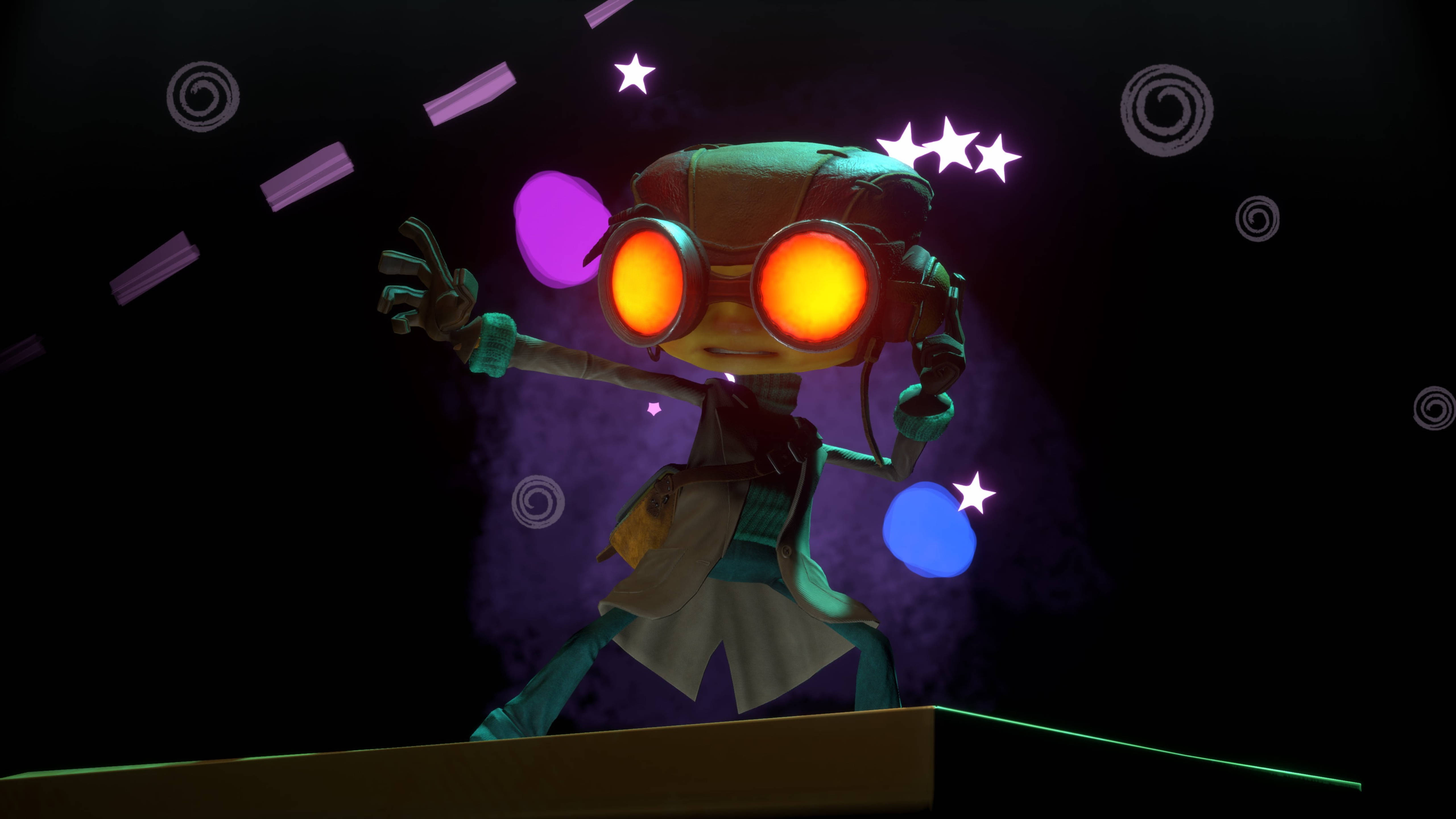 《Psychonauts》動作預告片 壁紙 — 一個發光眼睛的機械人角色在黑暗背景中，於漂浮的星星和彩色球體之間跳舞。