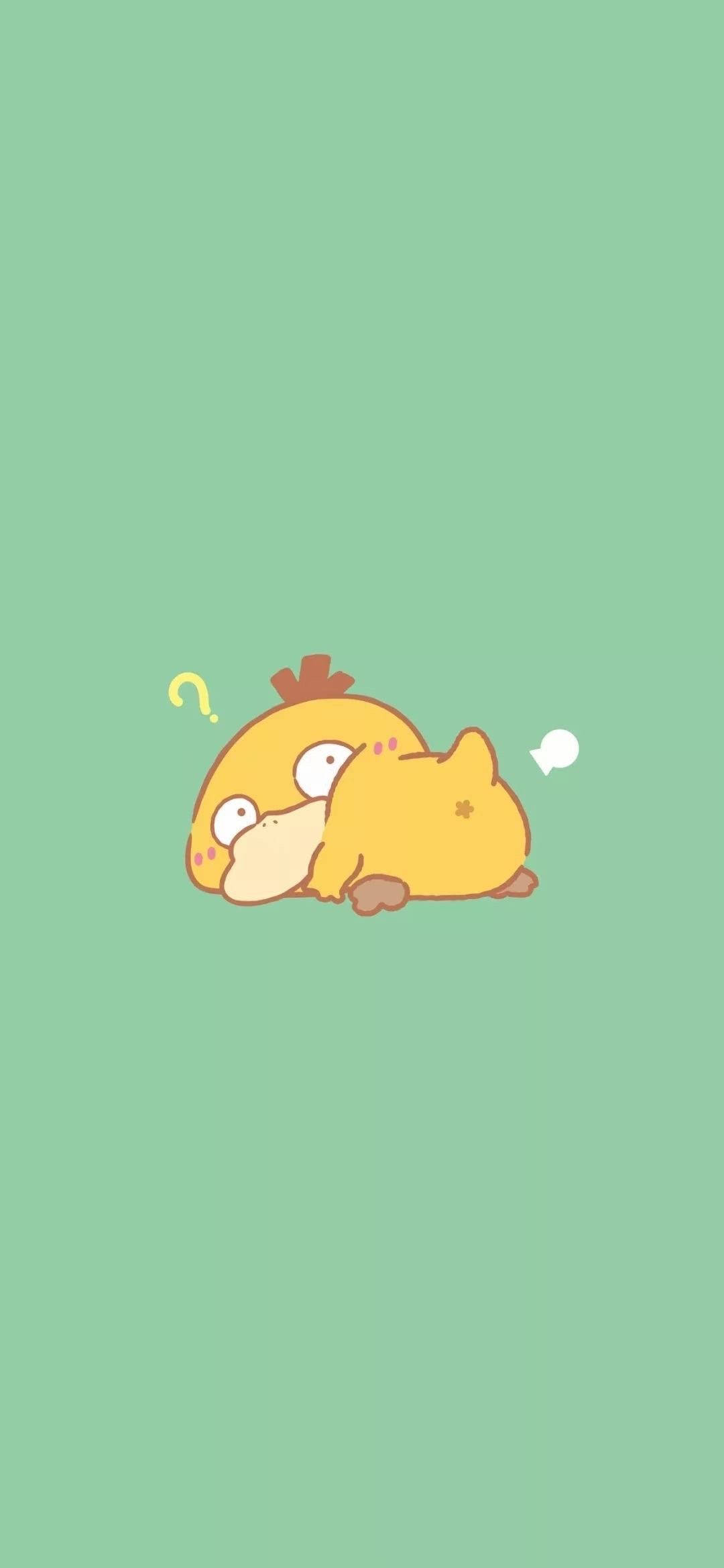 綠色柔霧 Psyduck 手機壁紙 壁紙 — 一隻可愛的黃色卡通小雞，頭頂有一個問號，蜷縮在純薄荷綠色的背景上。