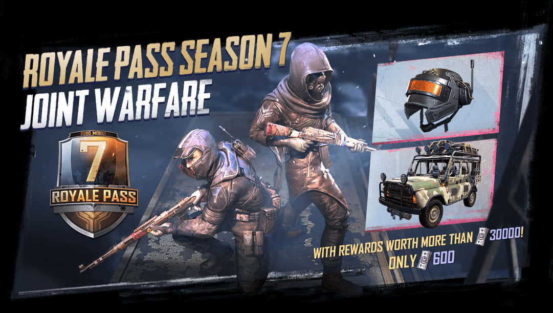 PUBG 王者通行證第七季 聯動戰鬥宣傳海報 壁紙 — 兩名身穿戰術裝備的裝甲士兵手持武器準備就緒，軍用車輛和頭盔在遊戲宣傳中展示。