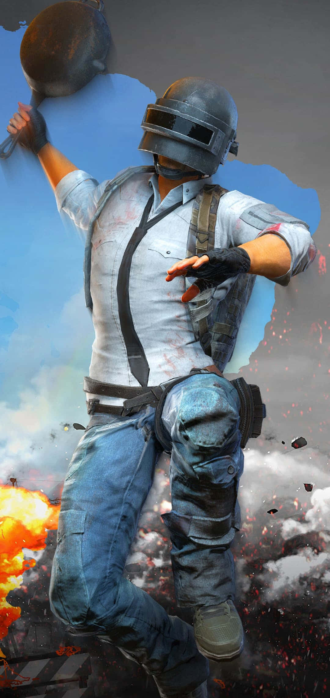 PUBG征服者煎鍋角色 壁紙 — 戴著頭盔的玩家在混亂的戰鬥場景中，在熾熱的爆炸和碎片中揮舞著煎鍋。