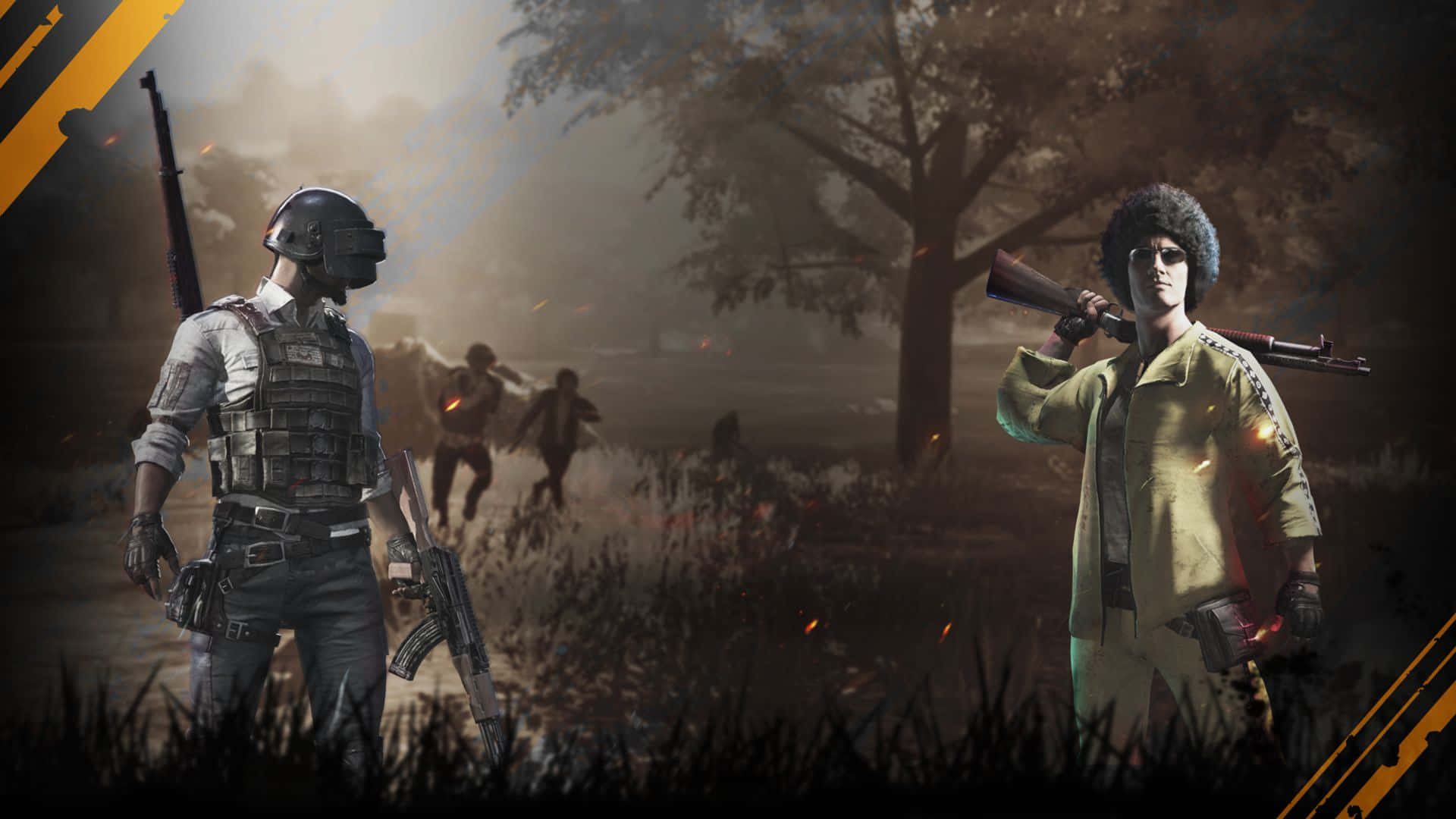 兩名男性角色橫幅 PUBG 1920x1080 壁紙 — 兩名身穿戰術裝備的武裝玩家在煙霧瀰漫的戰場上對峙，身後有殭屍逼近。