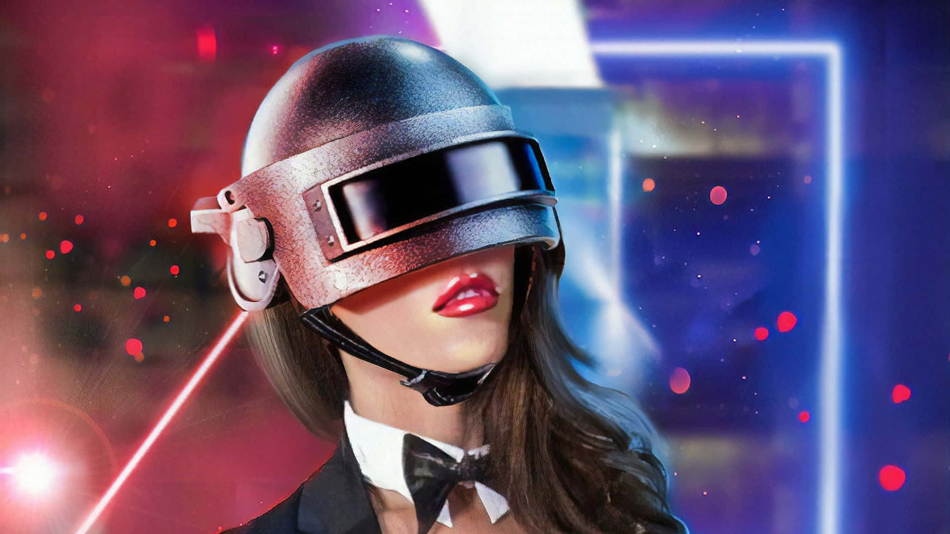 戴領結的女孩皮膚 PUBG 1920x1080 壁紙 — 一位身穿時尚頭盔和燕尾服的女性，站在充滿活力的霓虹燈未來感背景前，伴隨著發光粒子。