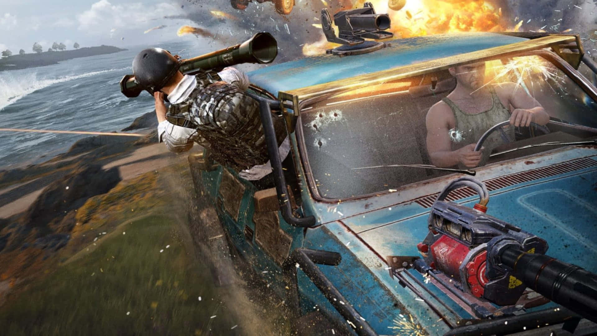 瞄準火箭發射器 PUBG 1920x1080 壁紙 — 一名士兵從一輛高速行駛的藍色吉普車發射火箭筒，身後沿海公路上發生爆炸。