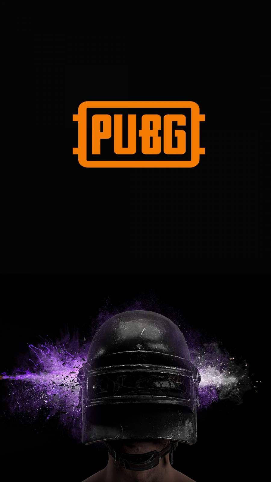 PUBG標誌，帶有頭盔和紫色粒子效果，背景為黑色。