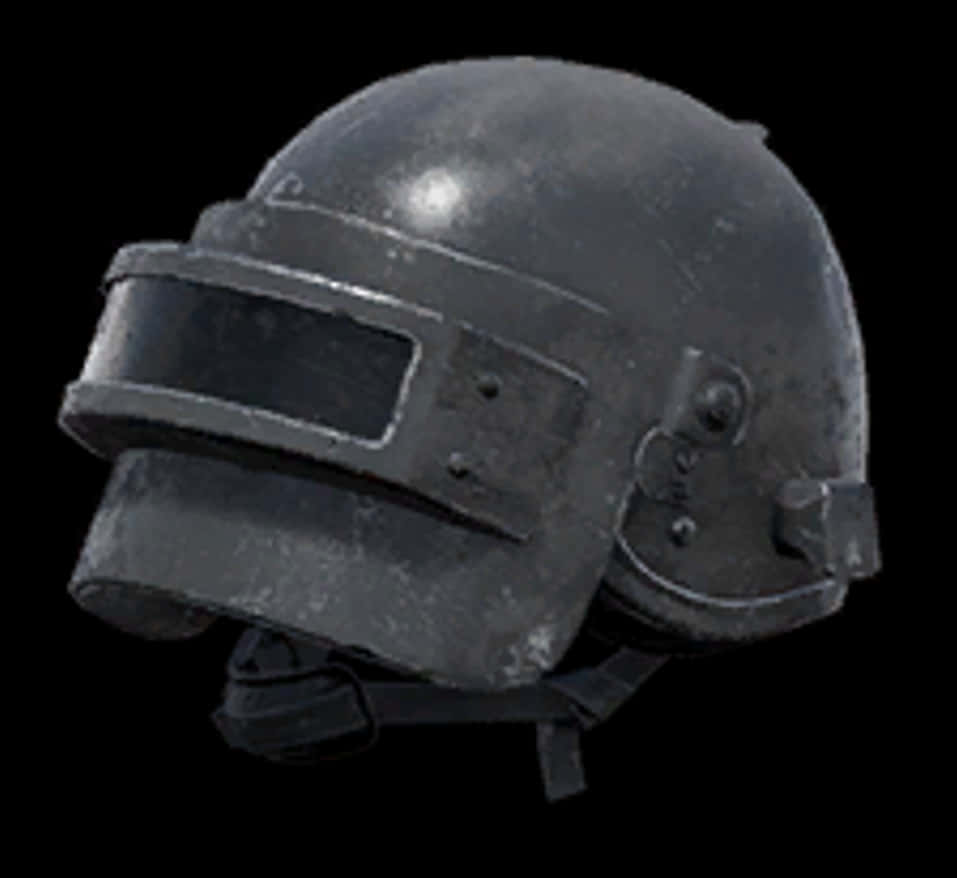 PUBG 級別3頭盔 壁紙 — 一個風化的黑色戰術頭盔，帶有面罩和帶子，在深色背景上孤立。