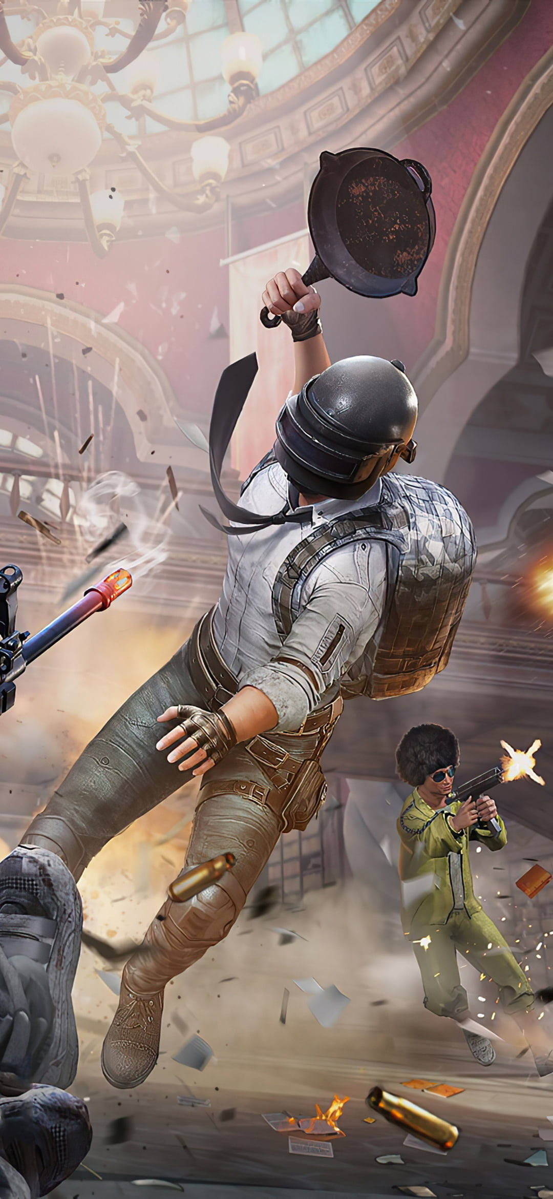 PUBG 3D 生動高清煎鍋 壁紙 — 一名士兵穿過破碎的大廳，揮舞著平底鍋，子彈飛舞，碎片在周圍爆炸。