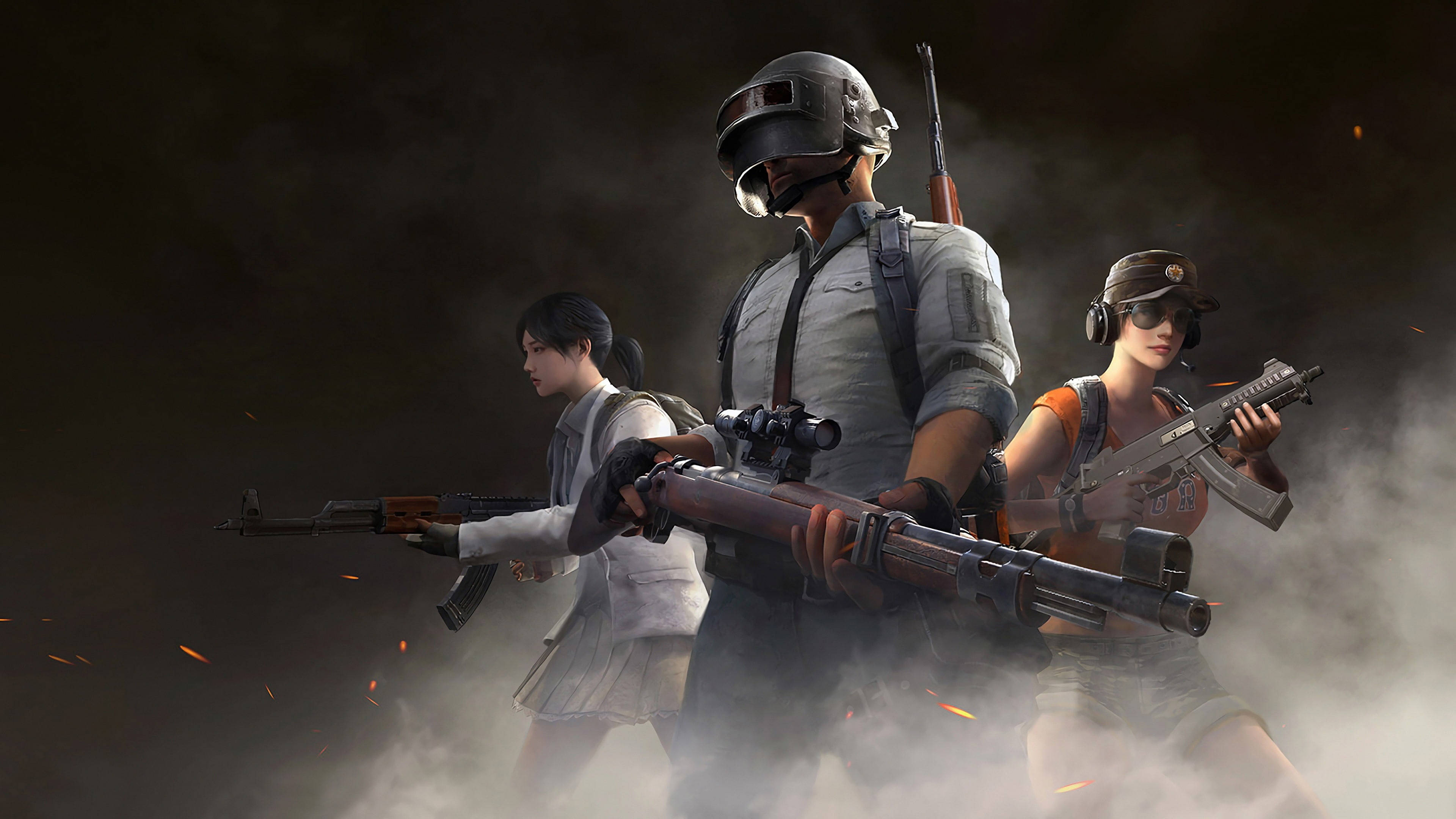 PUBG 3D 生動高清戰場 壁紙 — 三名武裝玩家身穿戰術裝備，在煙霧與火花中前進，呈現一場 gritty 的大逃殺場景。
