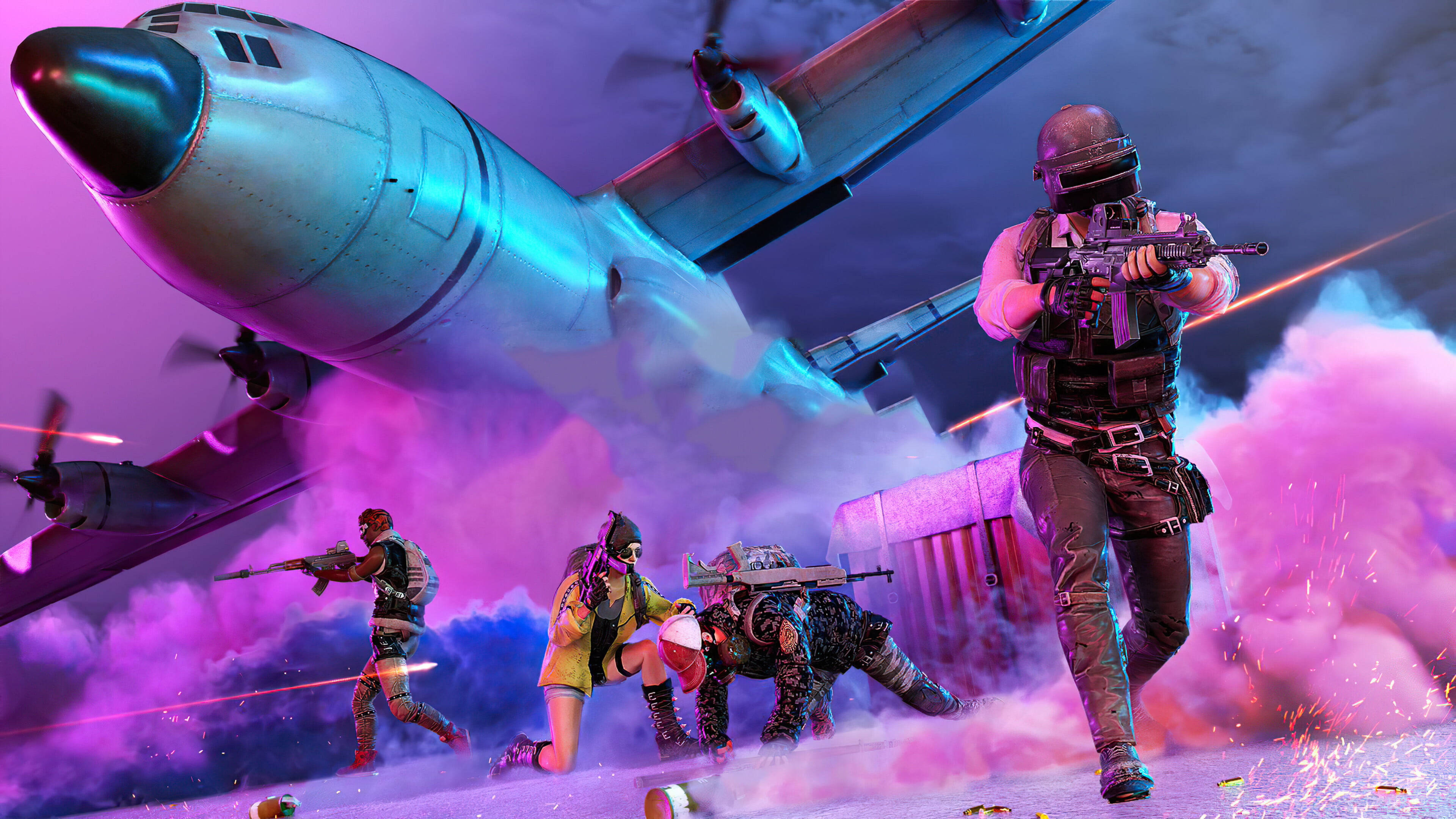 PUBG 3D 生動高清戰鬥機 壁紙 — 四名武裝士兵身穿戰術裝備，在粉紅色煙霧中前進，下方是巨大的發光飛機，場景充滿霓虹燈光。