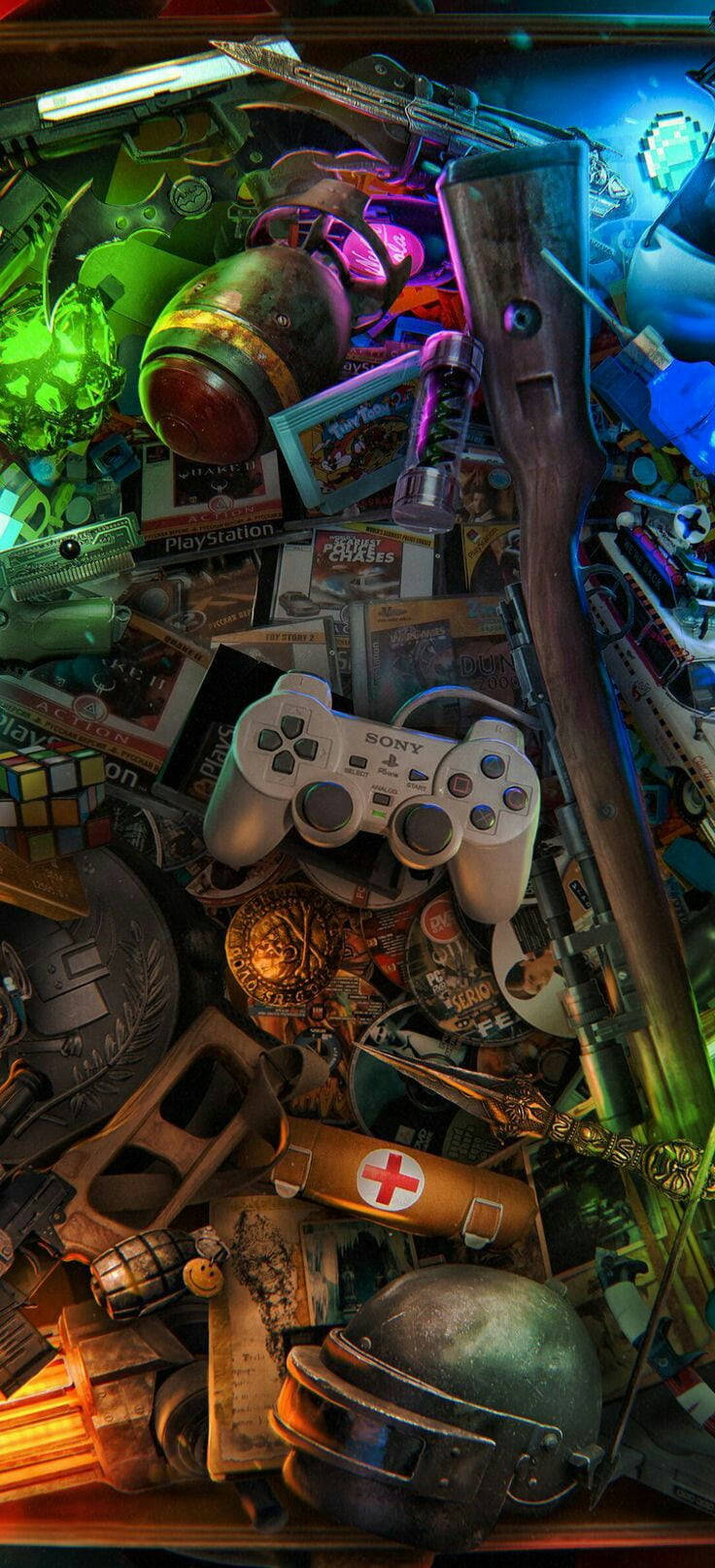 PUBG 3D 生動高清遊戲主機 壁紙 — 一堆混亂的霓虹燈照亮嘅遊戲控制器、軍事裝備同復古科技，營造出一種粗獷嘅 cyberpunk 垃圾場美學。