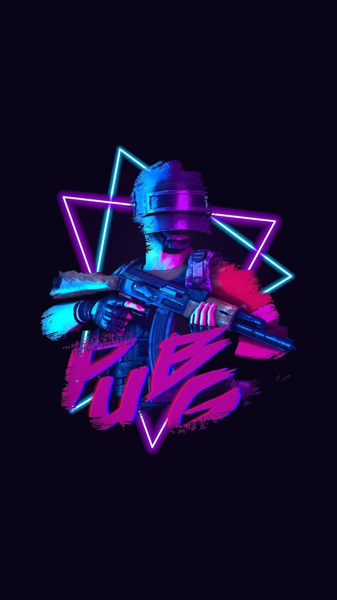PUBG 3D 生動高清霓虹藝術 壁紙 — 一名戴著頭盔的霓虹燈士兵在黑暗背景上，被發光三角形框住，手持步槍，並有鮮豔塗鴉風格文字「PUBG」。