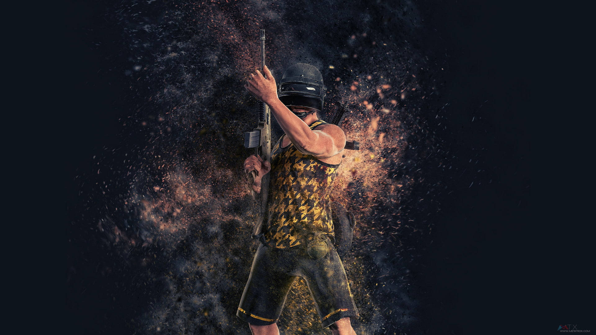 PUBG 3D 生動高清頭盔男 壁紙 — 一名戴頭盔、穿迷彩背心的士兵在黑暗背景下，於爆炸性的橙色火花中開槍射擊步槍。