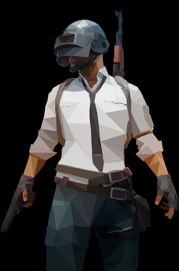PUBG 玩家戰鬥準備 壁紙 — 低多邊形士兵身穿白色襯衫和頭盔，手持手槍，步槍掛在肩上，背景為黑色。