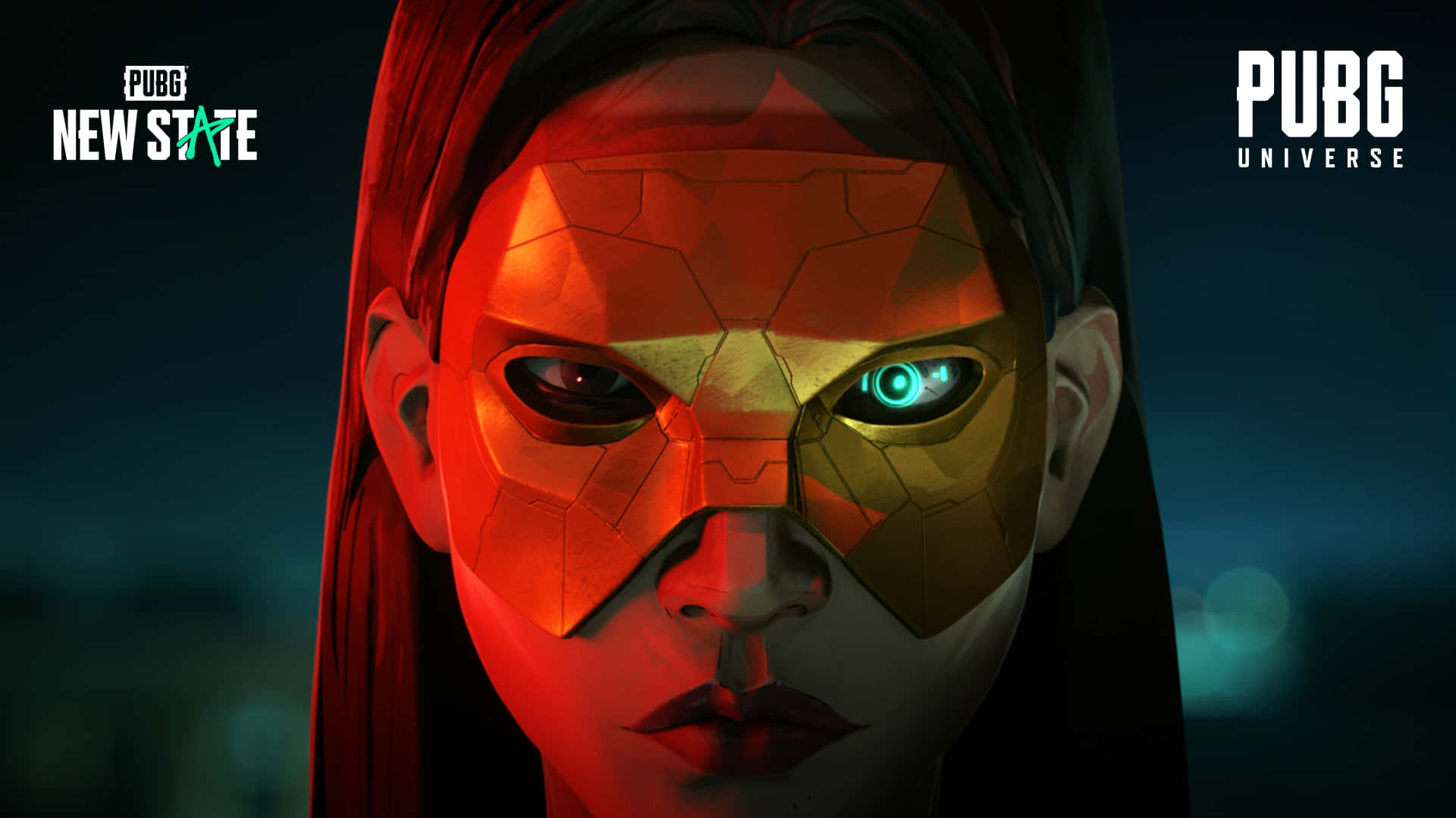 PUBG新狀態戴金面具的女孩 壁紙 — 一個戴面具的角色特寫，有一隻發光的藍色眼睛和紅色幾何面具，處於黑暗的城市環境中。