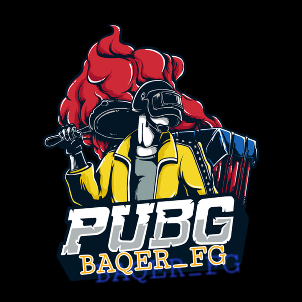PUBG風格角色標誌 壁紙 — 一個風格化的PUBG角色，紅髮戴頭盔，在黑色背景前手持武器。