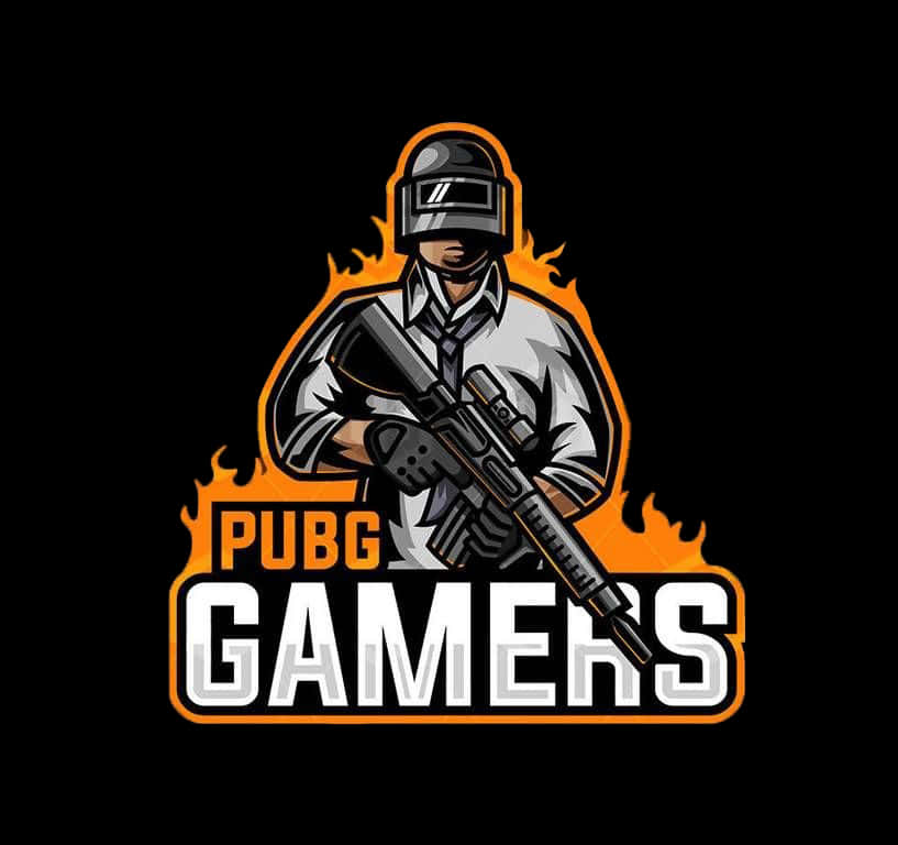 PUBG玩家火焰背景標誌 壁紙 — 一個風格化的PUBG玩家吉祥物，戴著頭盔和戰術裝備，手持步槍，帶有橙色火焰點綴，背景為黑色。
