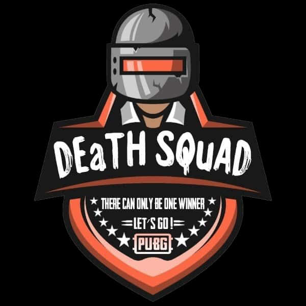 PUBG 死亡小隊標誌 壁紙 — 一個大膽的 PUBG Death Squad 標誌，戴頭盔的士兵帶有橙色點綴，黑色背景上帶有粗糙的文字。