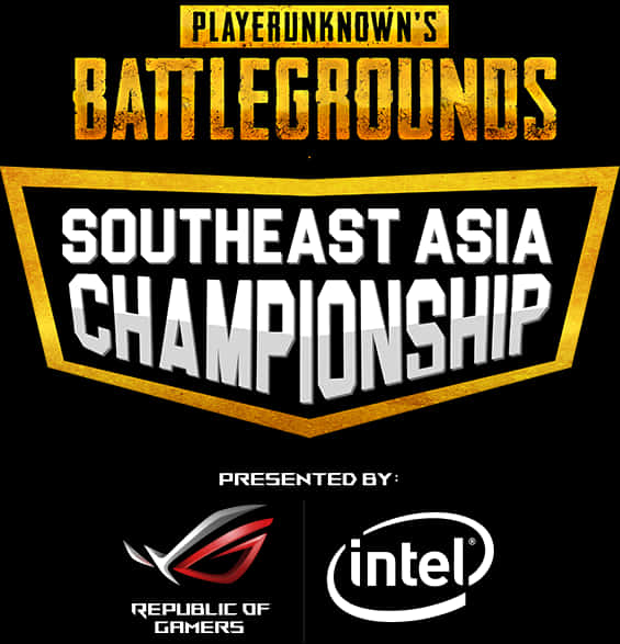 PUBG 东南亚锦标赛 活動標誌 壁紙 — 大膽的金色和白色文字在黑色背景上宣告PlayerUnknown's Battlegrounds Southeast Asia Championship，下方有贊助商標誌。