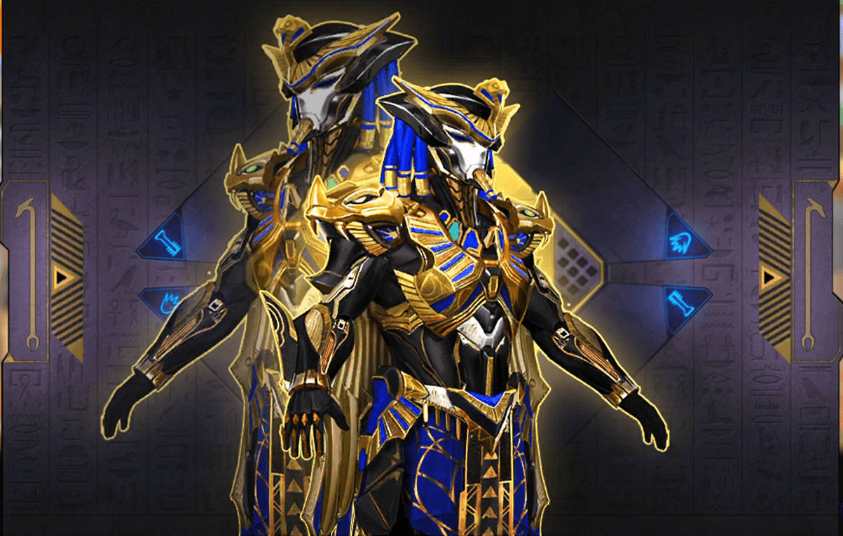 埃及風PUBG法老王 壁紙 — 兩名身穿金色和藍色埃及主題盔甲的戰士，在佈滿象形文字、帶有發光藍色點綴的黑暗牆壁前蓄勢待發。