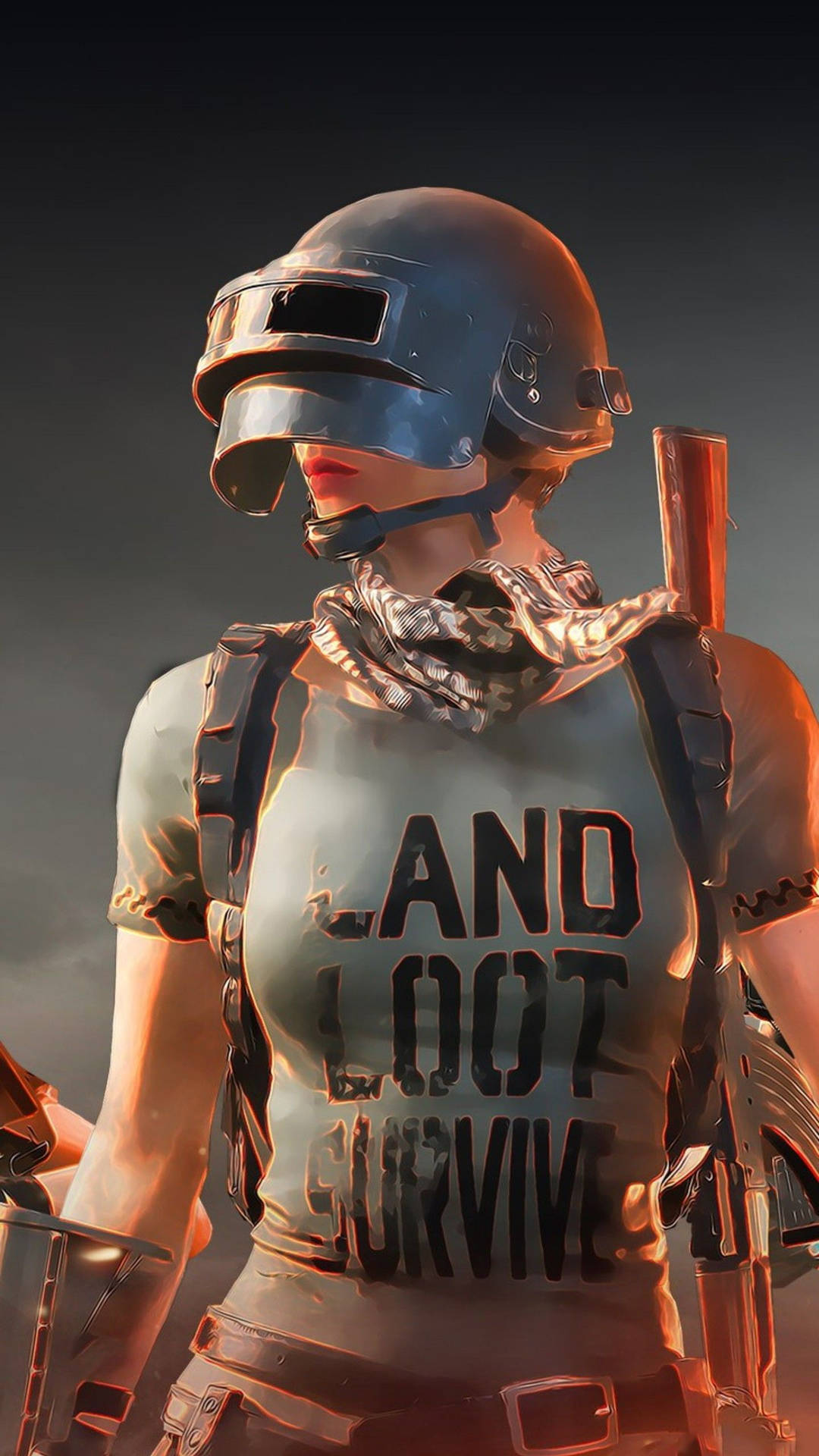 戴頭盔及穿「Land Loot Survive」T恤的遊戲士兵持步槍。