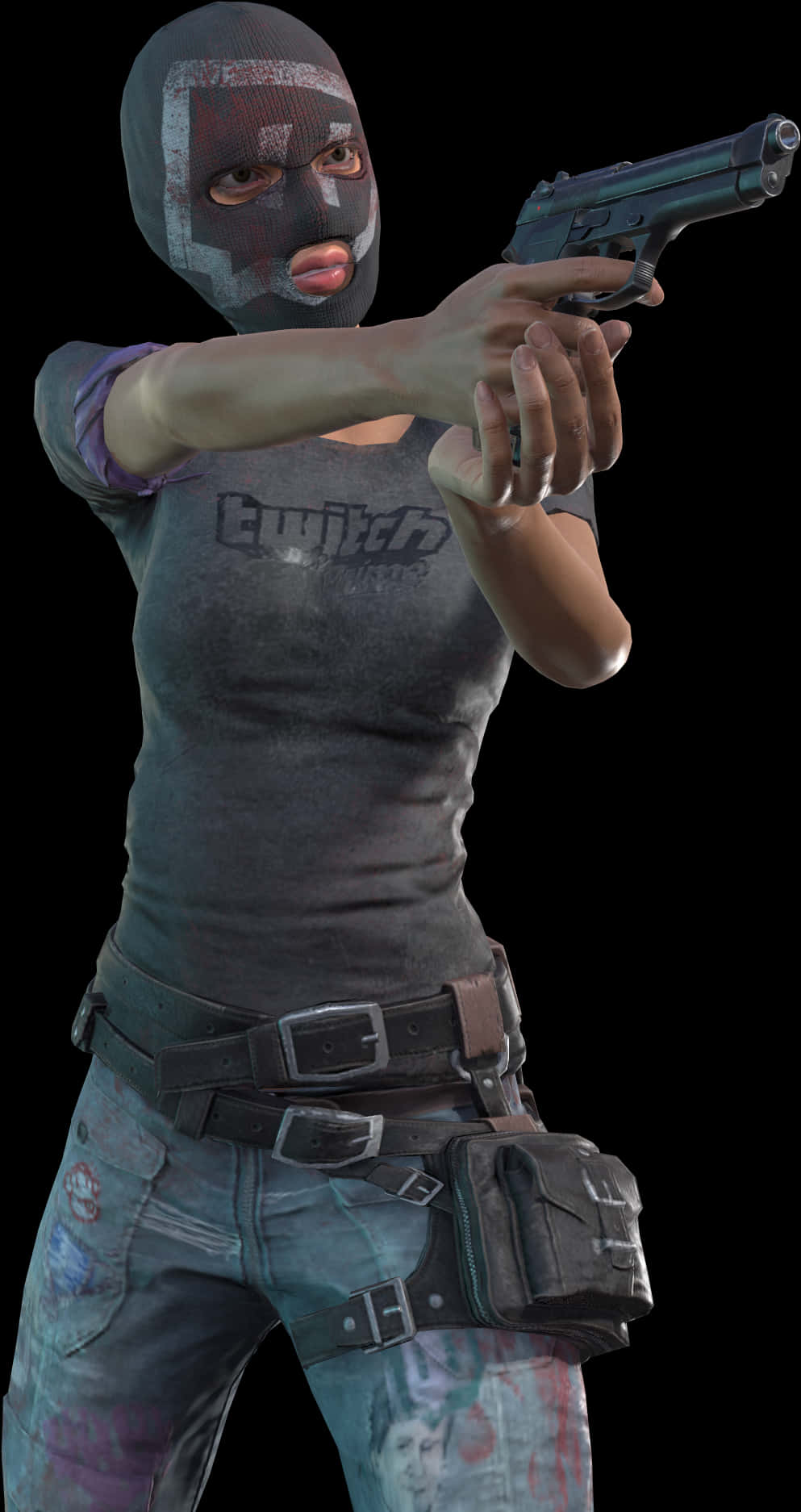 PUBG 女角色持槍 壁紙 — 一個戴面具的女性角色在電子遊戲中雙手握著手槍，對準前方，背景為黑色。