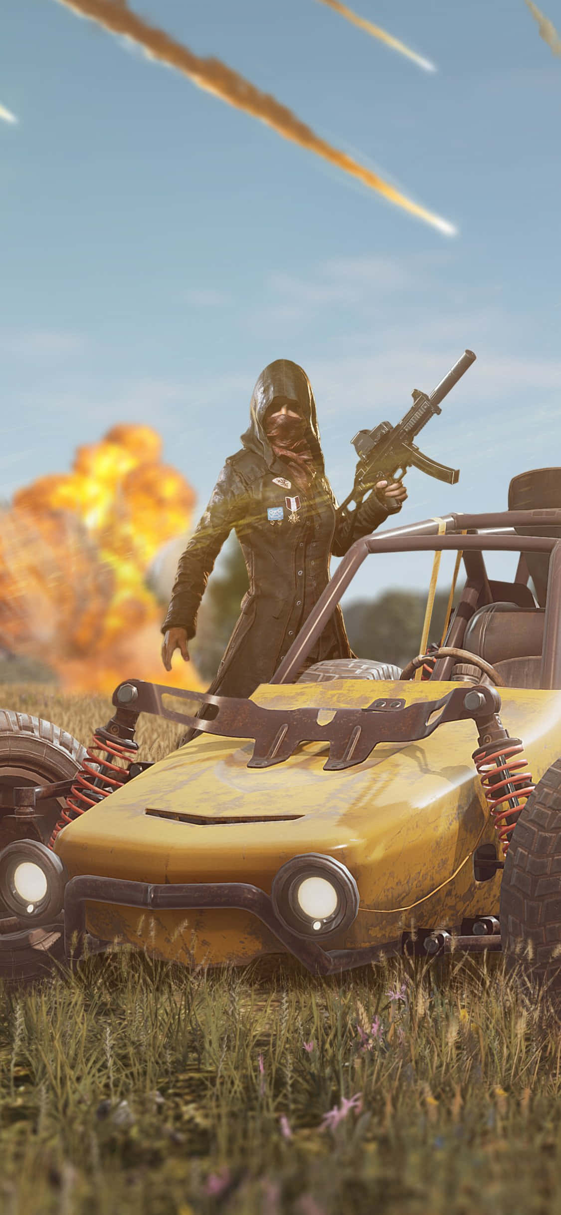 黃色賽車 PUBG iPhone 壁紙 — 一名戴著兜帽的戰士站在一輛黃色越野車旁邊，身後爆炸和劃過的彈體照亮了天空。