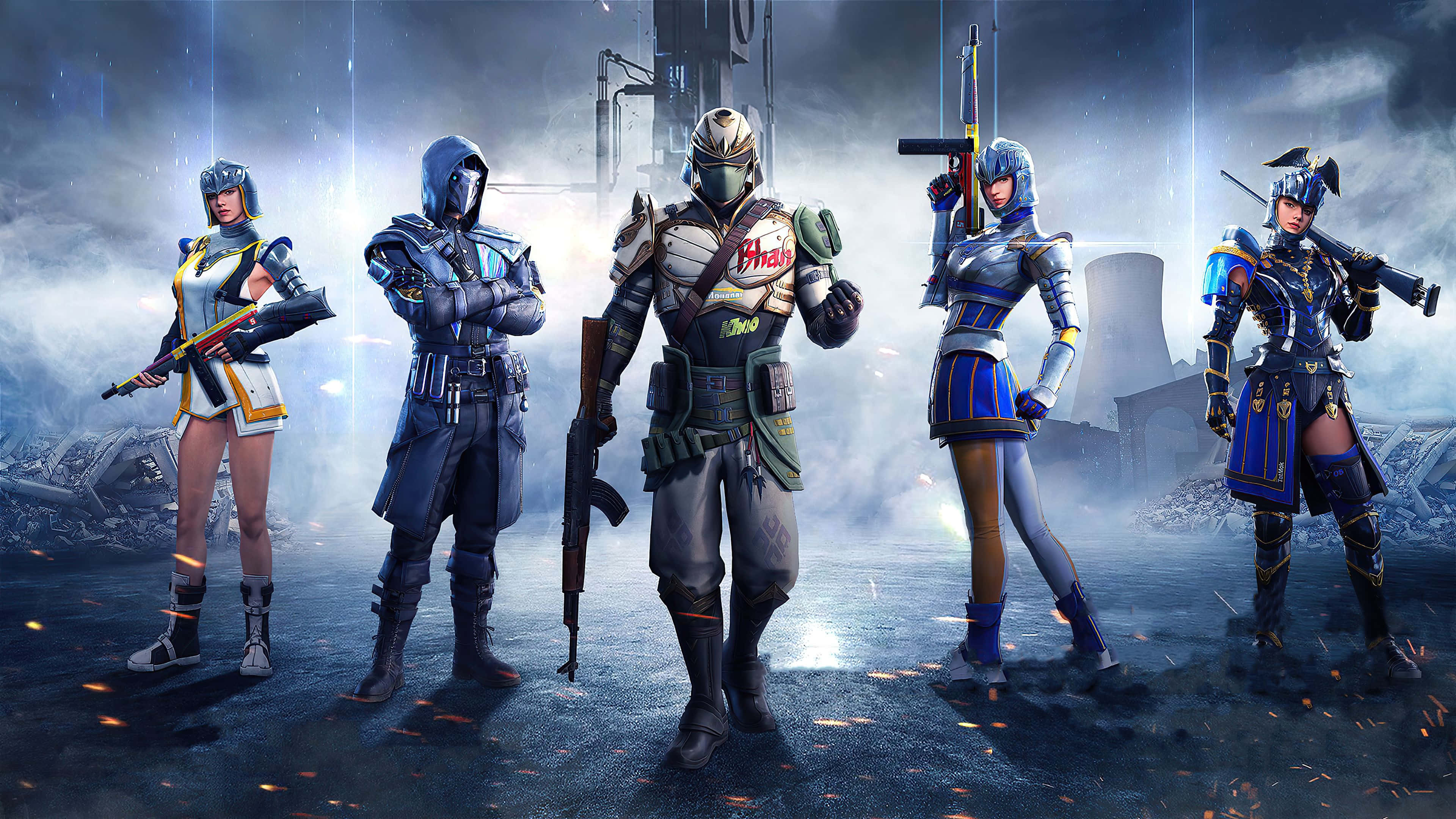 時尚亮相：PUBG新狀態生存裝備 壁紙 — 五名身穿裝甲的未來戰士站在風暴天空下、已成廢墟的城市戰場上，發光的餘燼正在飄落。