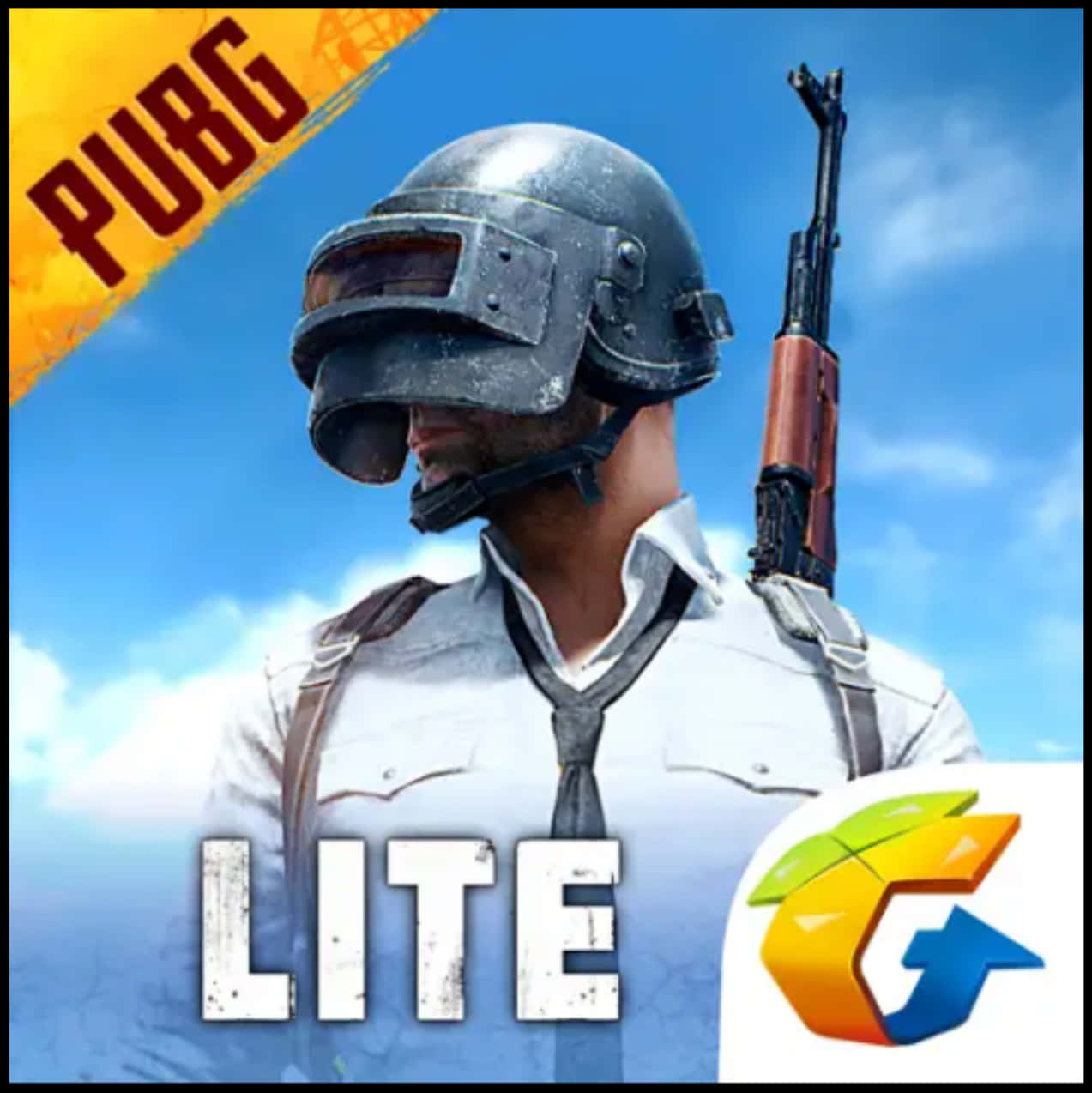 PUBG Lite 遊戲宣傳圖 壁紙 — 一名戴頭盔和領帶的士兵，在藍天白雲和遊戲標誌的背景下持步槍。