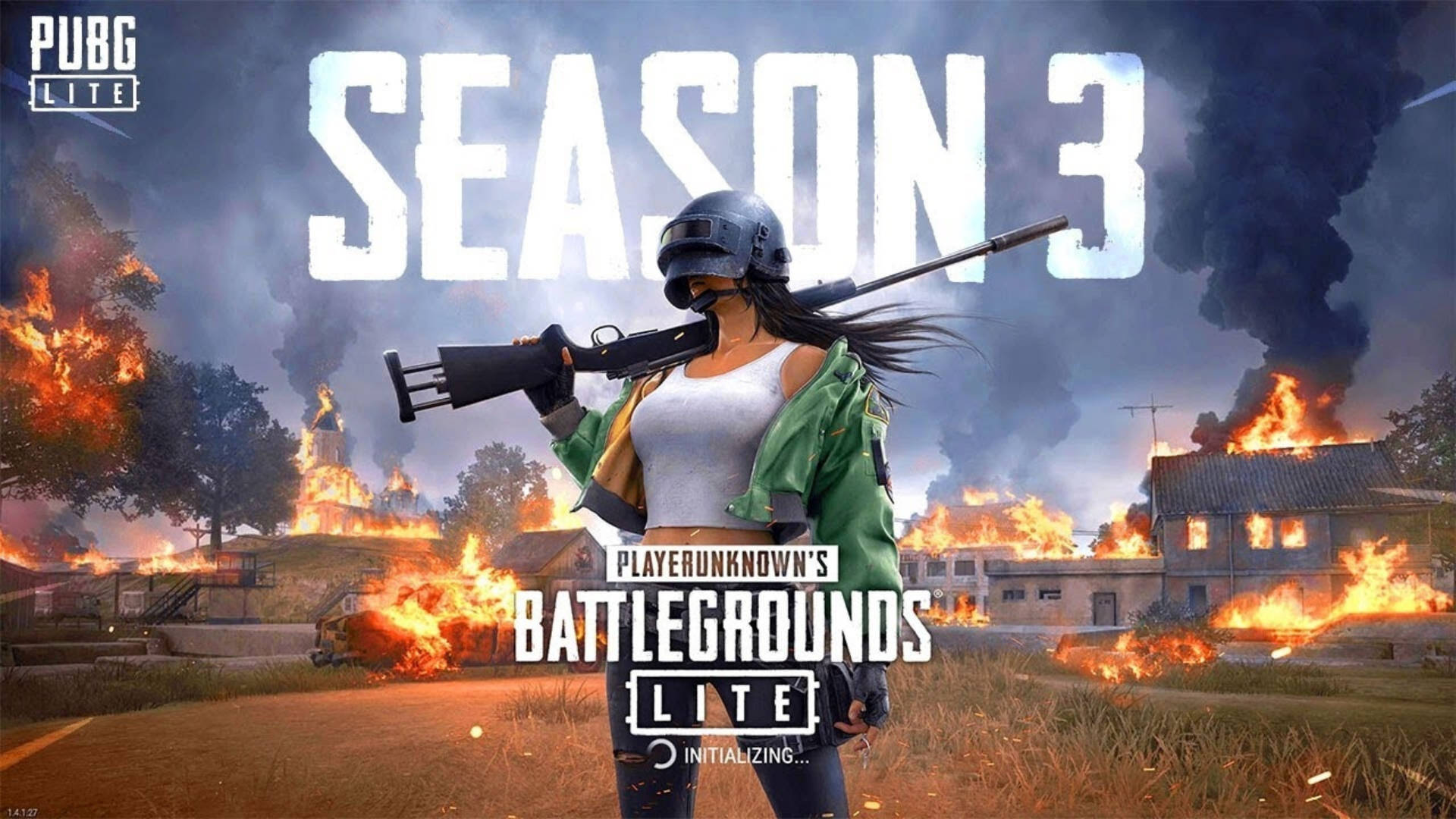 pubg mobile 桌布 壁紙 — PUBG Lite 第3季中，一名女兵站在燃燒的建築物和煙霧中，手持步槍。