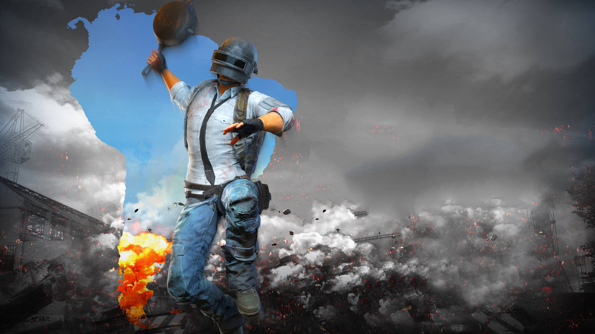士兵在爆炸和煙霧中手持煎鍋跳躍的遊戲場景。