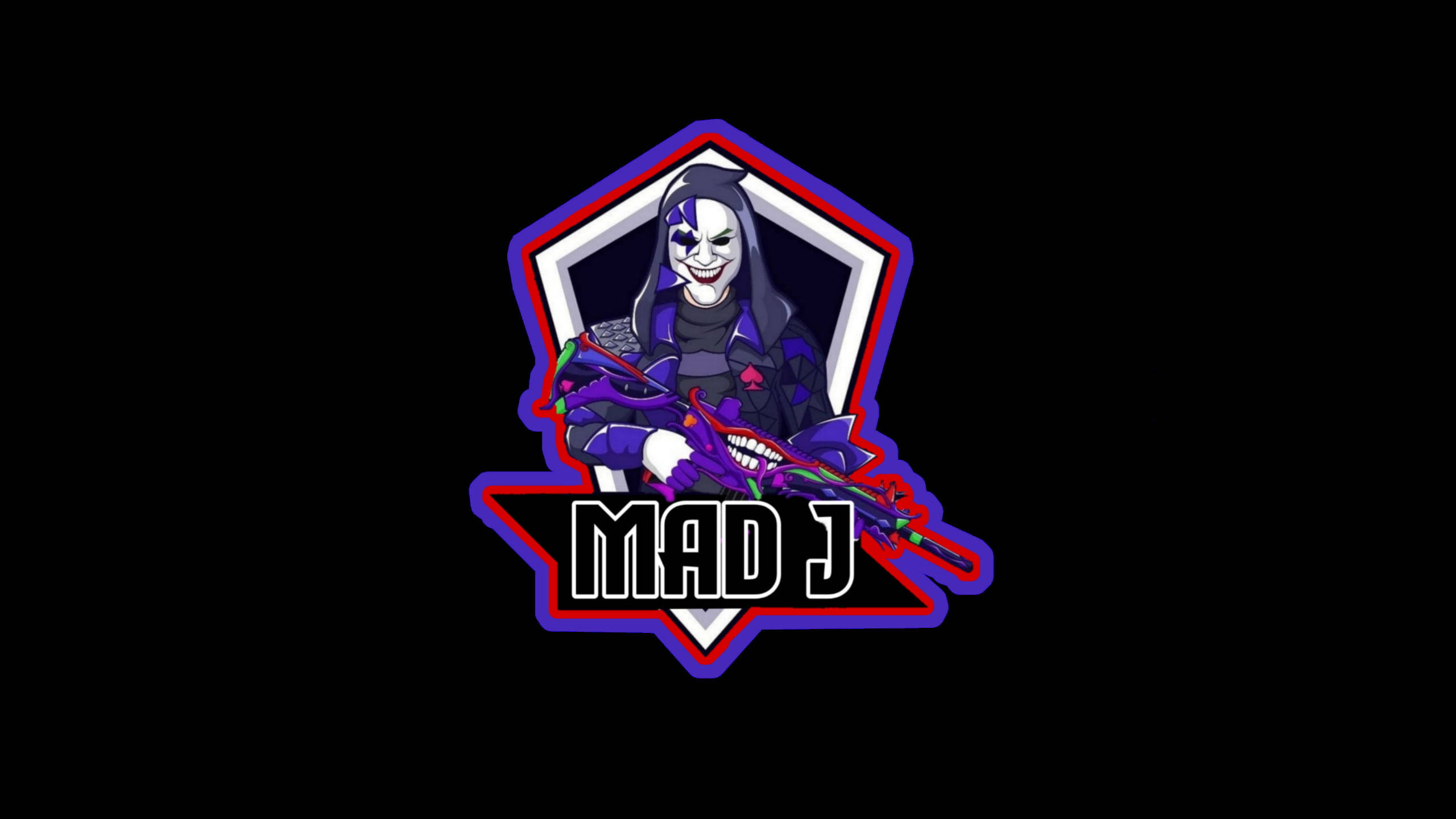 PUBG Mad J 遊戲標誌 壁紙 — 一個風格化的動漫角色，戴著紫色和白色的面具，在一個帶有「MAD J」文字的六邊形徽章內拿著一把紫色步槍。