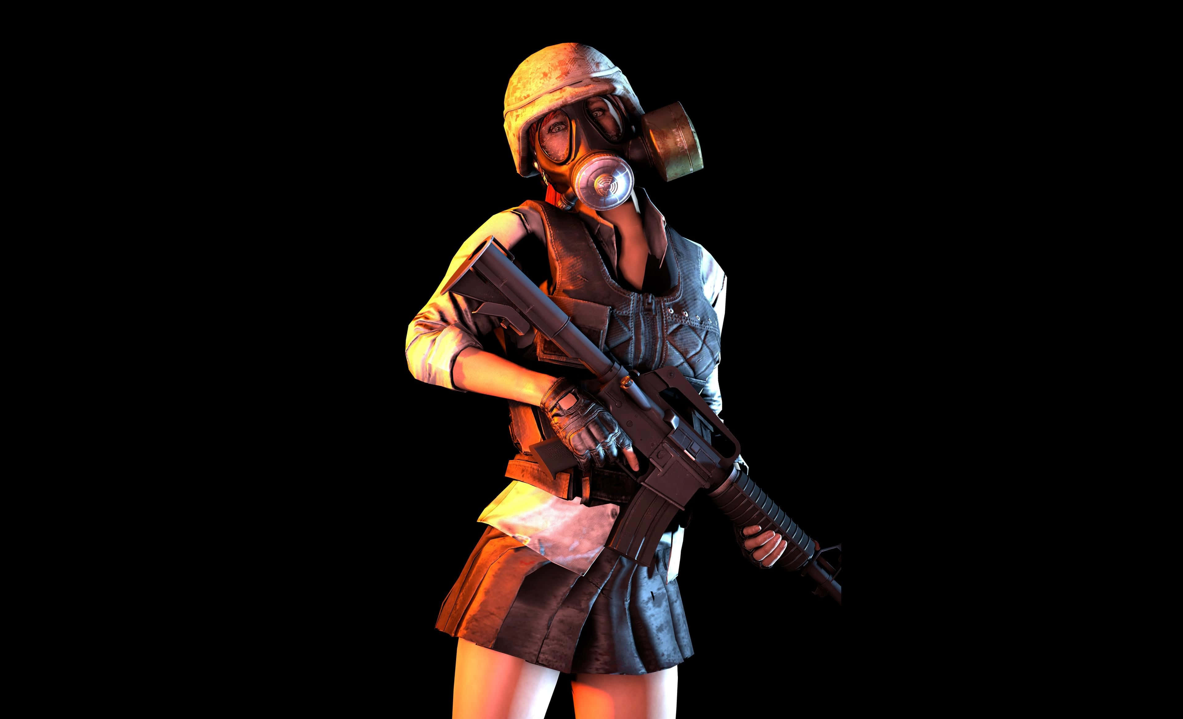 戴防毒面具PUBG女角色 壁紙 — 一名身穿戰術裝備和防毒面具的女兵，在黑色背景下持步槍。