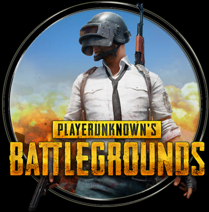 PUBG 遊戲標誌 壁紙 — 一名戴頭盔和領帶的士兵手持步槍，背景是熾熱的爆炸，下方是遊戲標題。