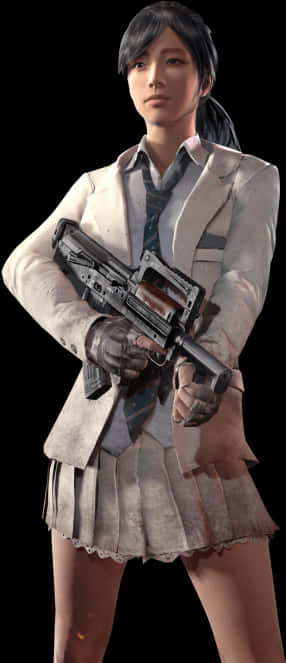 PUBG 女性角色持槍 壁紙 — 一名身穿污漬校服的年輕女子在黑色背景前手持重型槍械。