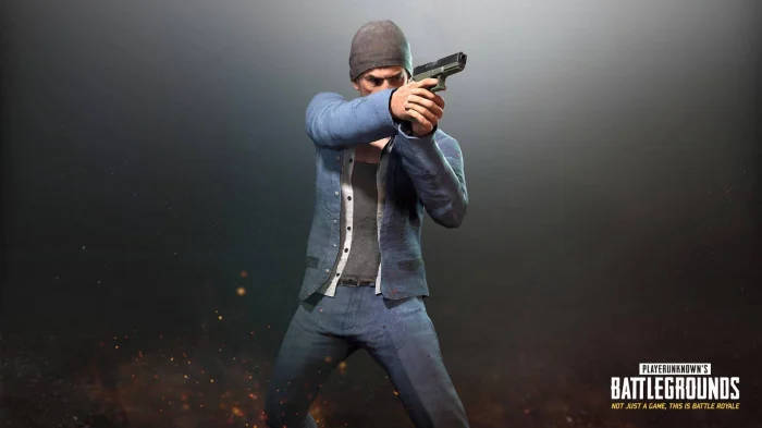 在PUBG大逃殺遊戲場景中，玩家在煙霧和火花中瞄準手槍。
