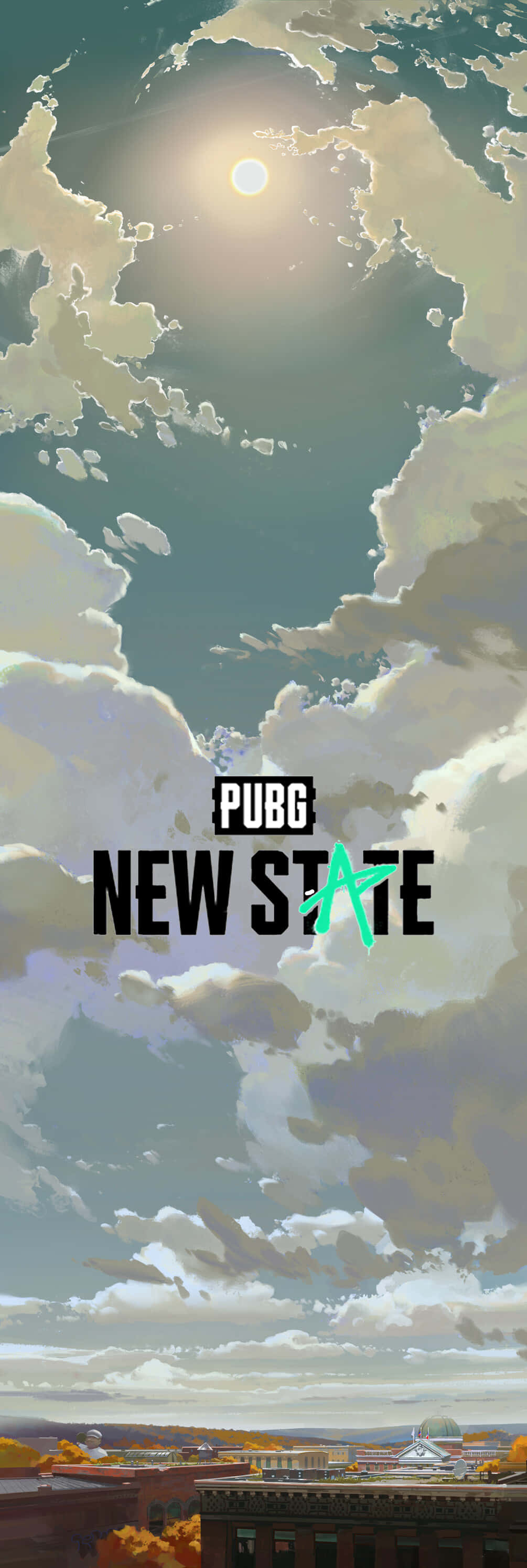 《PUBG 新世界》遊戲標誌肖像 壁紙 — 在 PUBG New State 標誌下方，一個風格化的天空，帶有陽光照射的雲朵和遠處的城市景觀。