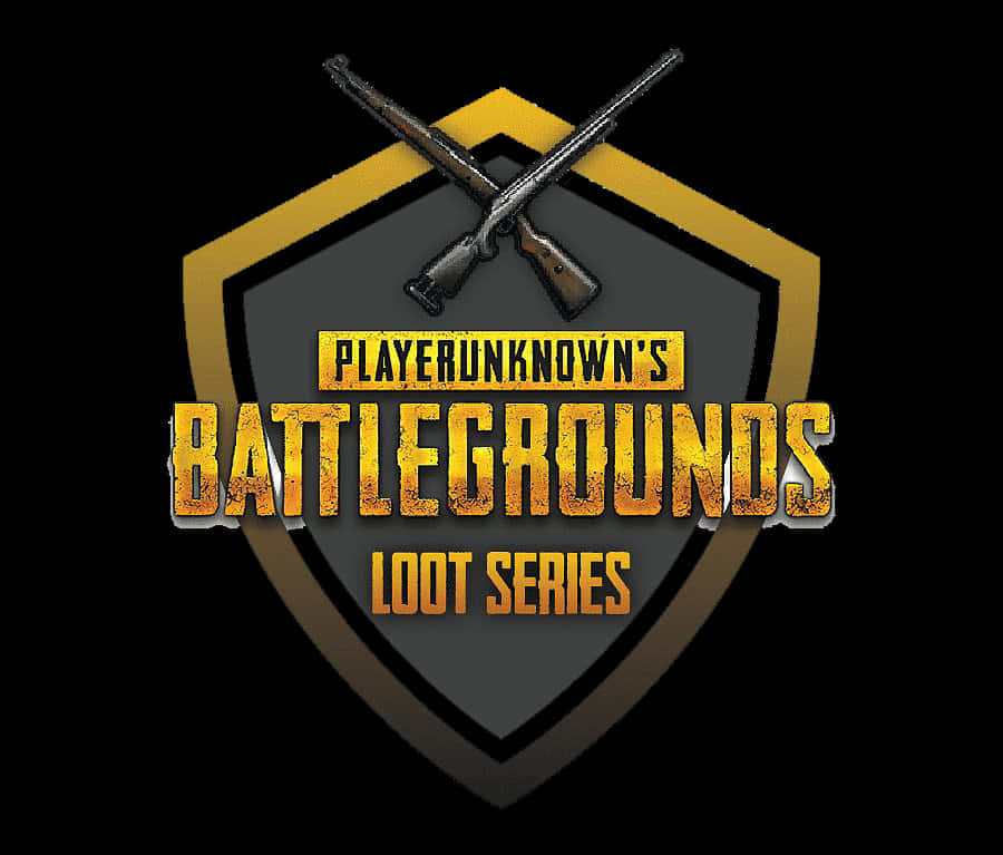 PUBG 獵物系列標誌 壁紙 — PlayerUnknown's Battlegrounds Loot Series 的大膽標誌，盾牌上交叉步槍，帶有粗糙的金色文字。