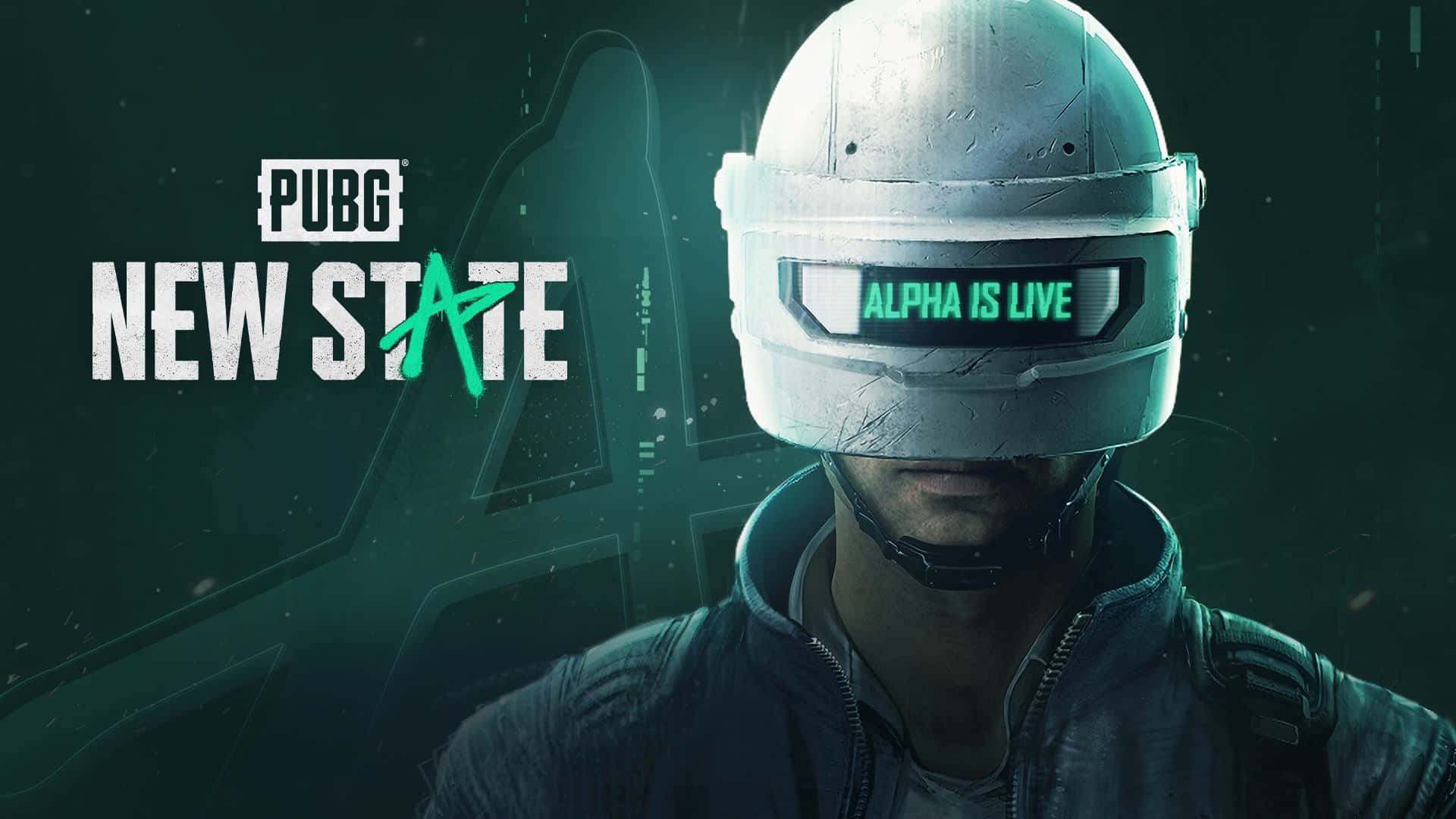 PUBG 新狀態 Alpha Is Alive 壁紙 — 一名士兵戴著未來風格的頭盔，頭盔上有發光的綠色文字顯示 alpha is live，背景是深色數位畫面。