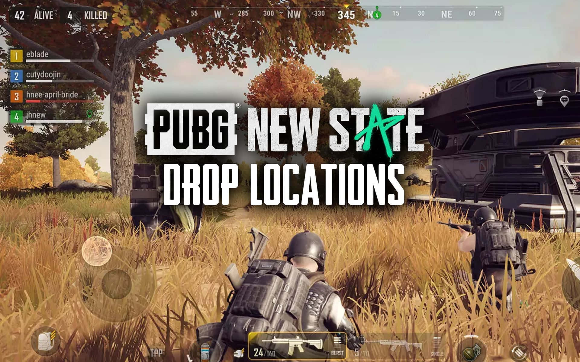 PUBG 新狀態 下降地點海報 壁紙 — 《PUBG New State》中的玩家在秋季樹下，蹲在未來車輛附近的高草叢中。