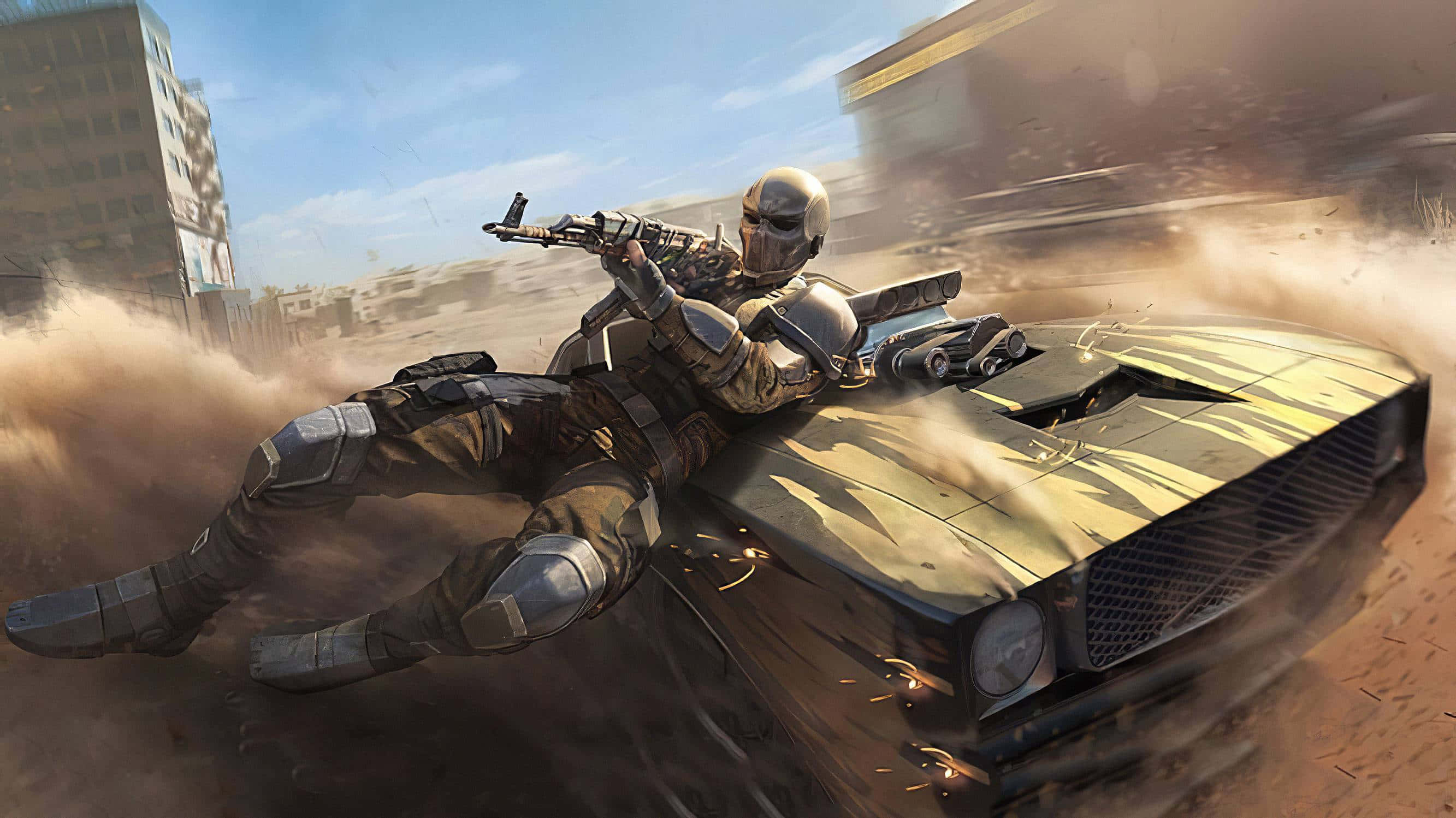 PUBG 新狀態 士兵倚靠行駛汽車 壁紙 — 一名身穿未來裝甲的士兵騎著一輛高速裝甲車，穿越塵土飛揚的城市戰場，背景有建築物。
